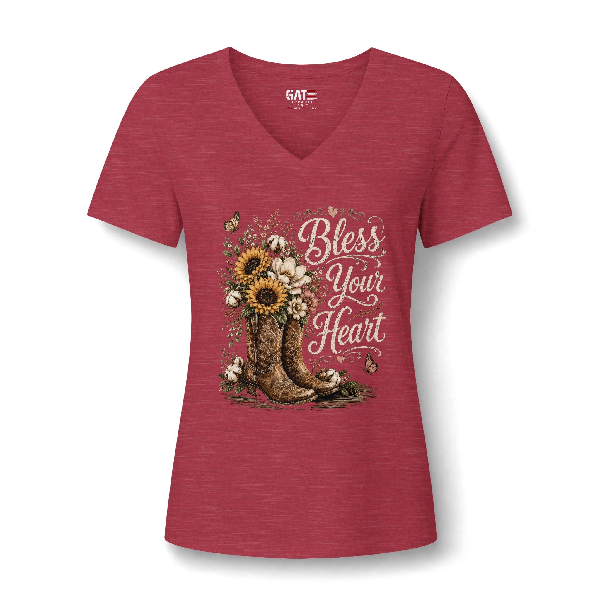 Bless Your Heart V-Neck Tee — Sunflower Cowboy Boot Graphic