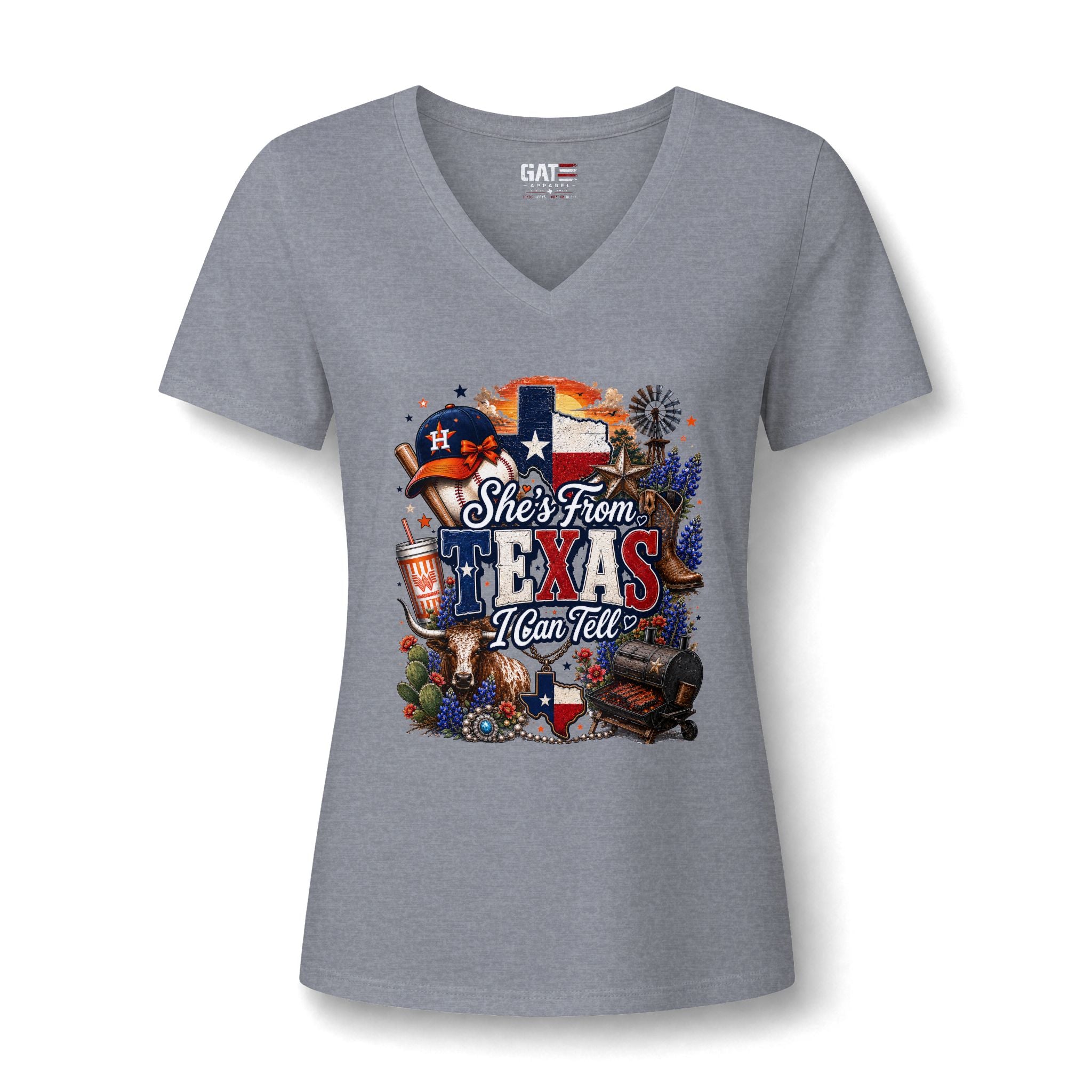 Texas Pride V-Neck Tee — "She's From Texas I Can Tell" Women's Relaxed Shirt