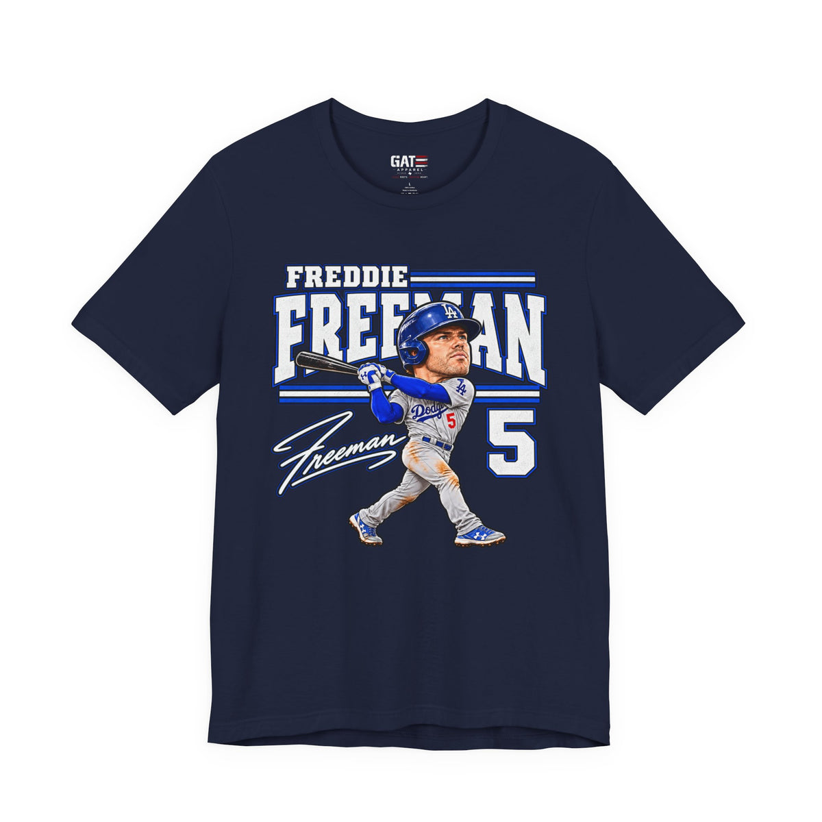 Freddie Freeman number 5 Dodgers baseball graphic T-shirt, navy front view