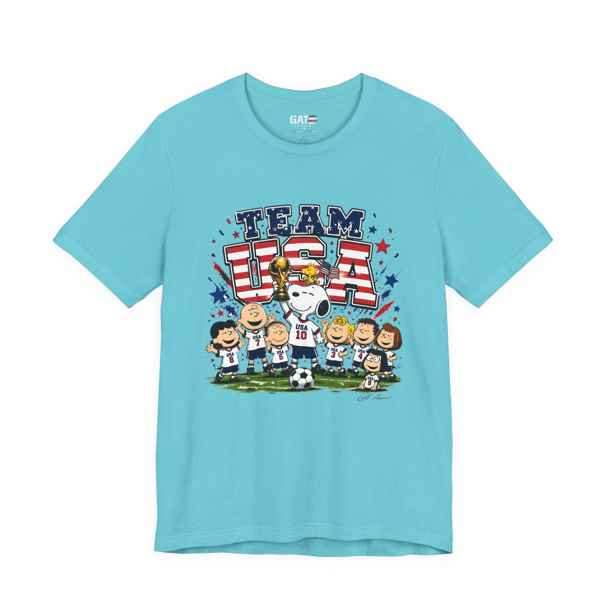 Team USA Soccer Peanuts Gang Shirt Patriotic Snoopy & Friends World Cup Celebration Tee