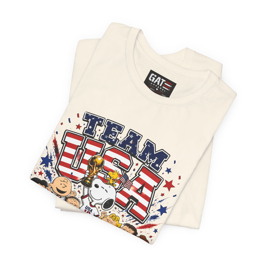 Team USA Soccer Peanuts Gang Shirt Patriotic Snoopy & Friends World Cup Celebration Tee