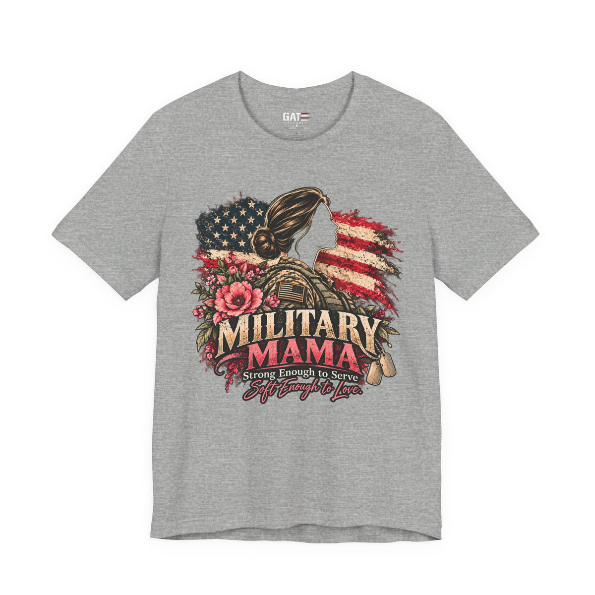 Military Mama Tee — Patriotic Mom Shirt with American Flag & Floral Combat Design