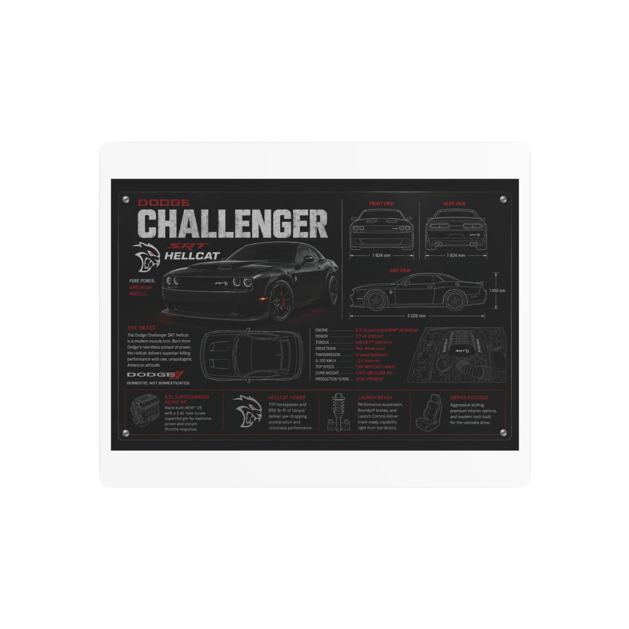 Dodge Challenger Hellcat Blueprint Metal Art Sign – Automotive Garage Poster