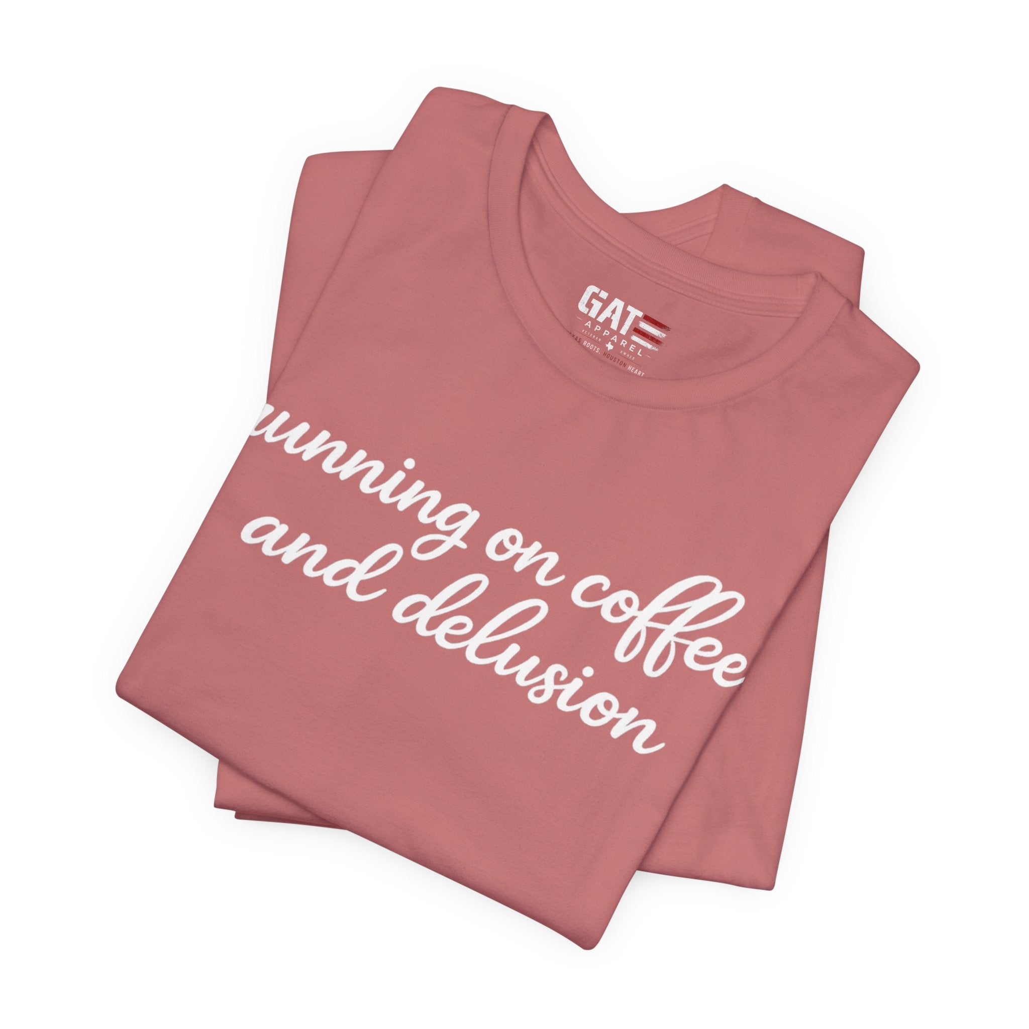 Running on Coffee and Delusion Shirt, Funny Coffee Lover Tee, Sarcastic Minimalist Shirt, Trendy Script Graphic Tee