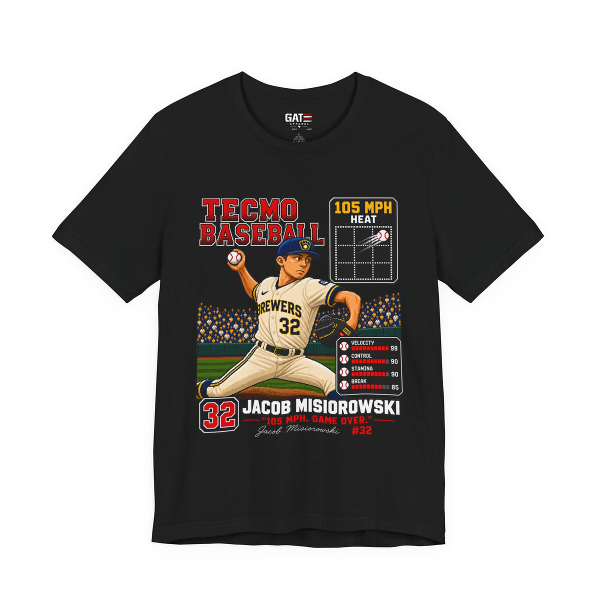 Milwaukee Brewers – Jacob Misiorowski – Tecmo Baseball Pitcher Graphic Tee — #32 Vintage Video Game Style