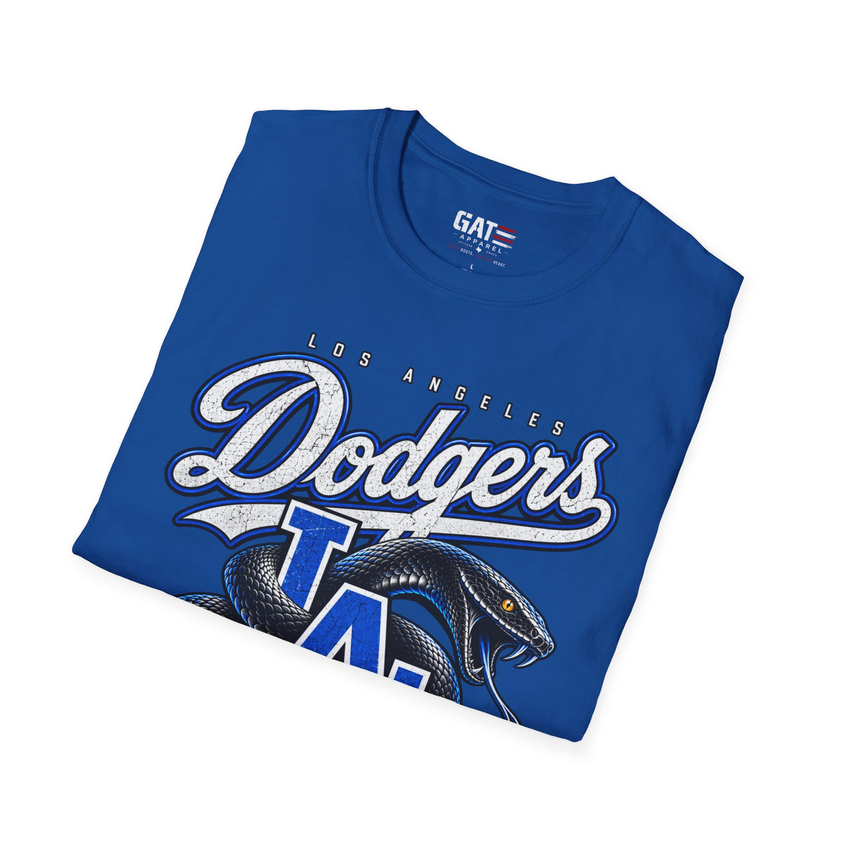 Folded royal blue Kobe Bryant Black Mamba Dodgers LA tribute T-shirt, print close-up
