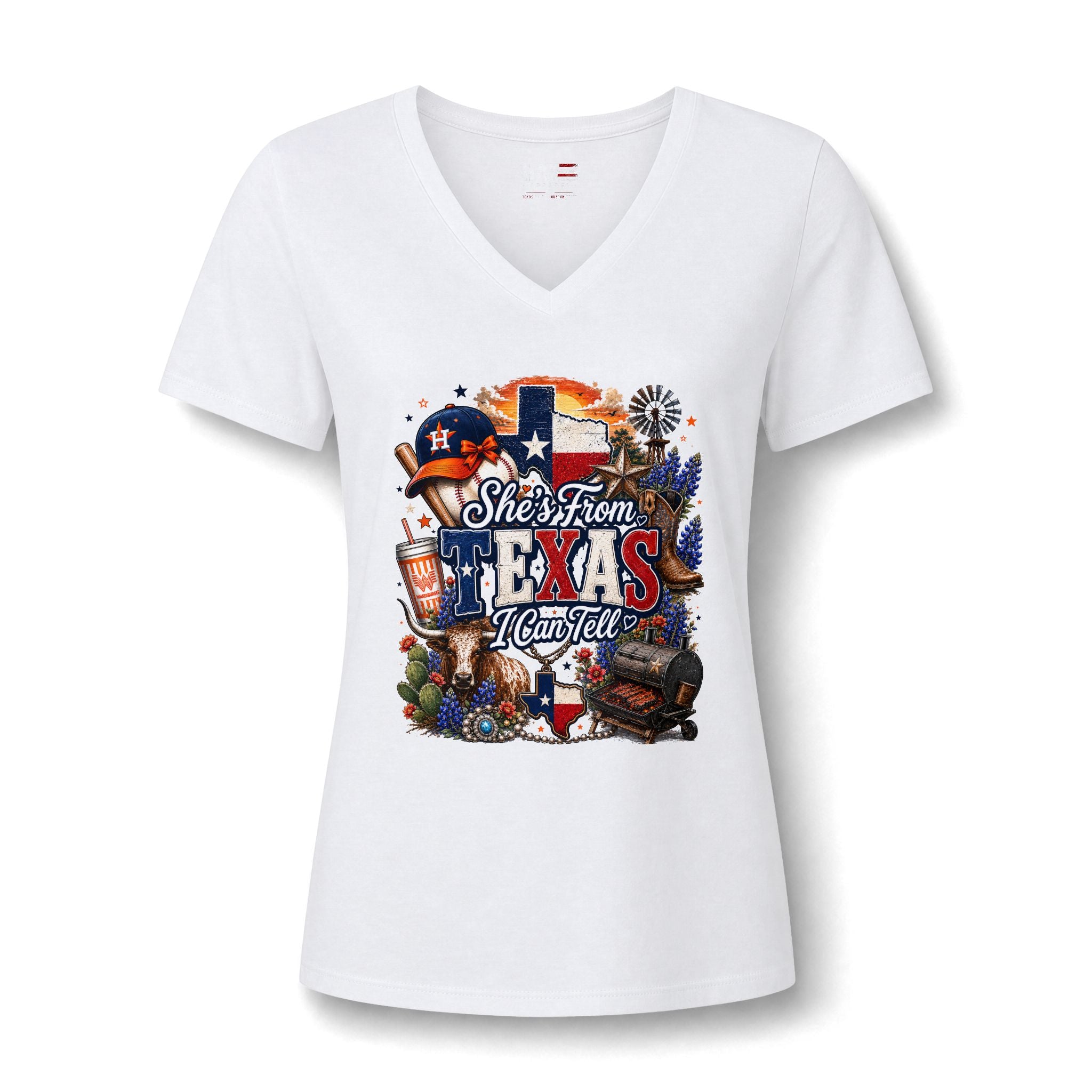Texas Pride V-Neck Tee — "She's From Texas I Can Tell" Women's Relaxed Shirt