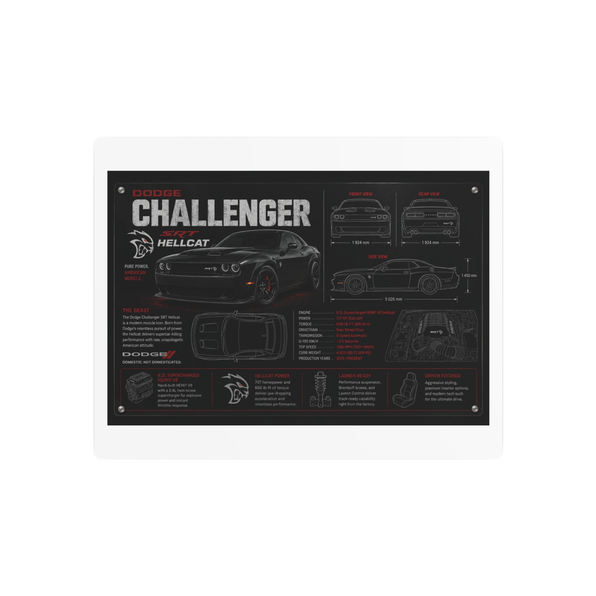 Dodge Challenger Hellcat Blueprint Metal Art Sign – Automotive Garage Poster