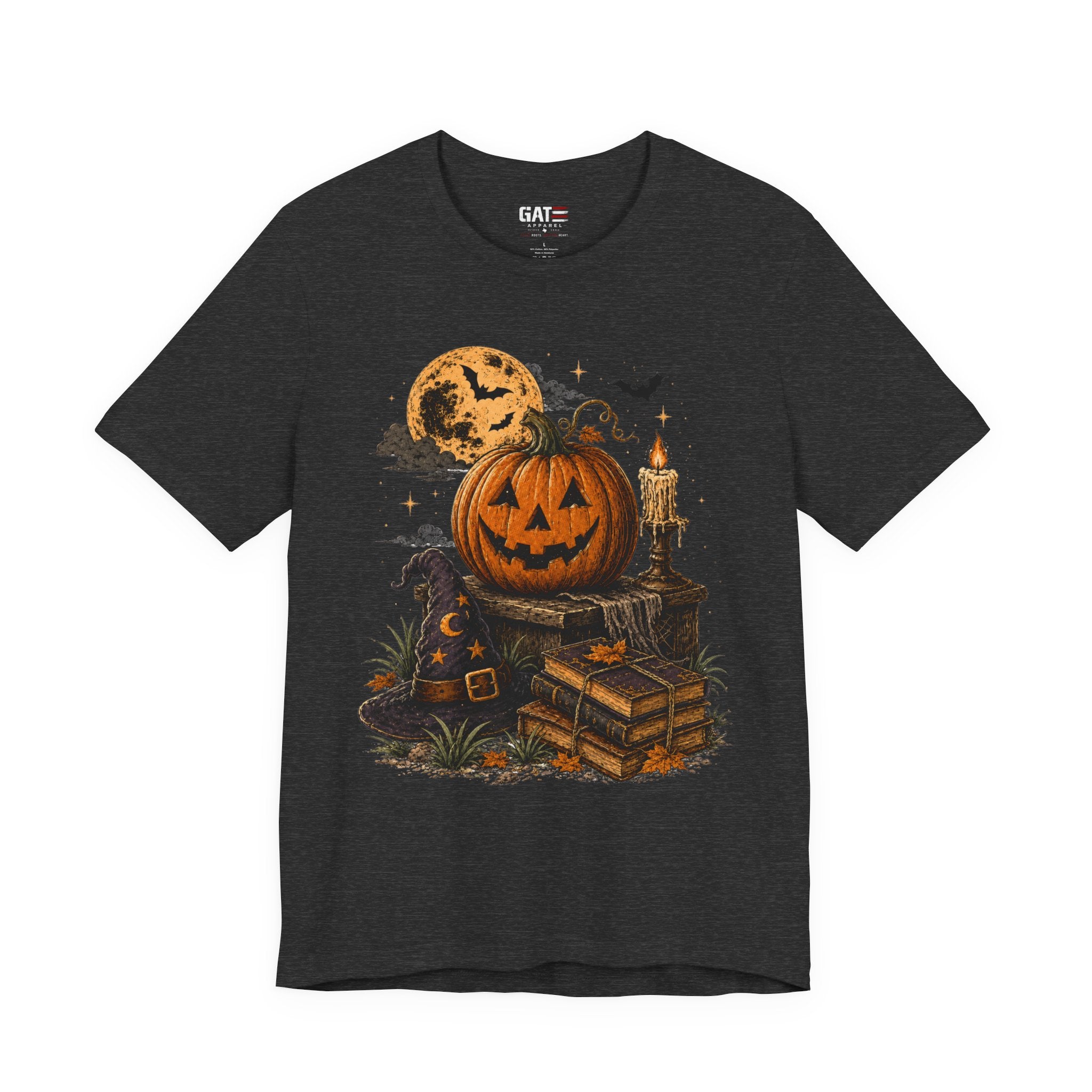 Halloween Pumpkin Stack T‑Shirt — Jack‑O‑Lantern, Books & Moon Graphic Tee