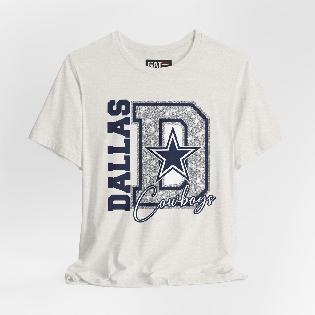 Dallas Football Glitter D Shirt, Blue and Silver Game Day Tee, Western Script Graphic Shirt, Sparkle Fan Apparel