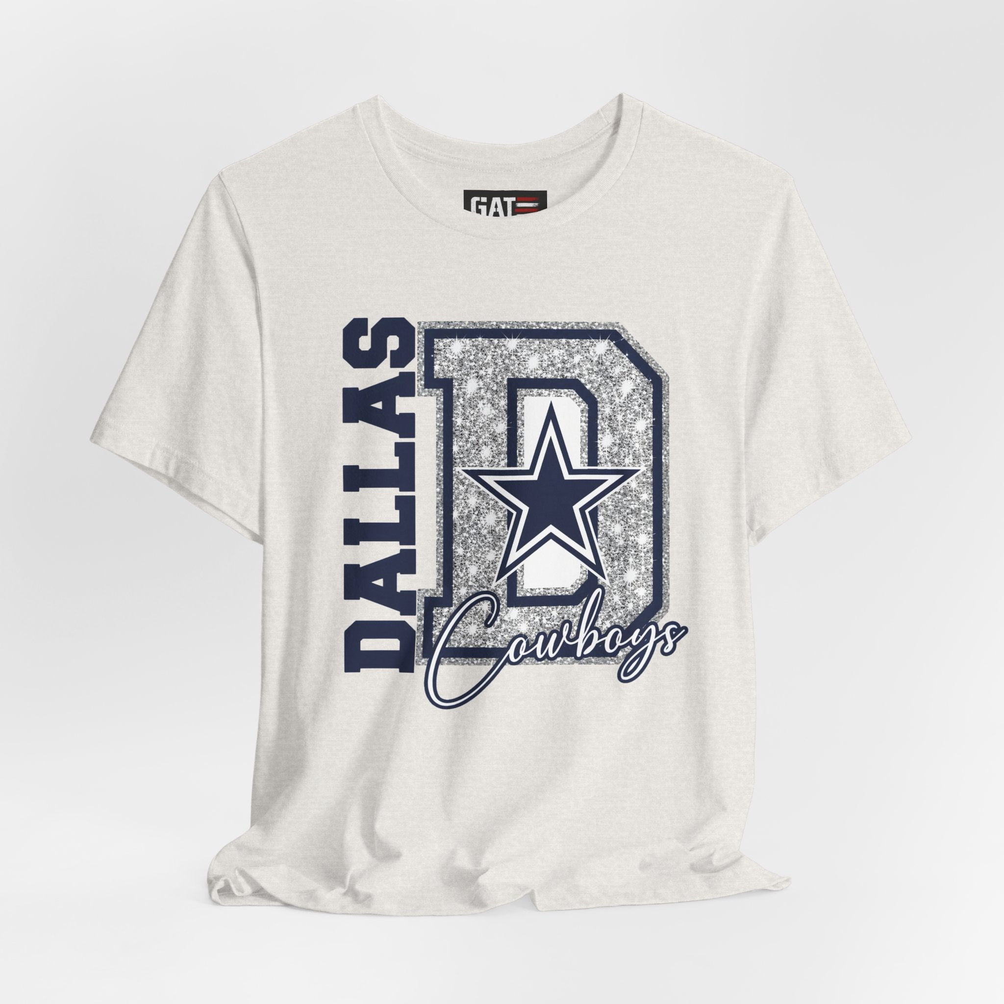 Dallas Football Glitter D Shirt, Blue and Silver Game Day Tee, Western Script Graphic Shirt, Sparkle Fan Apparel