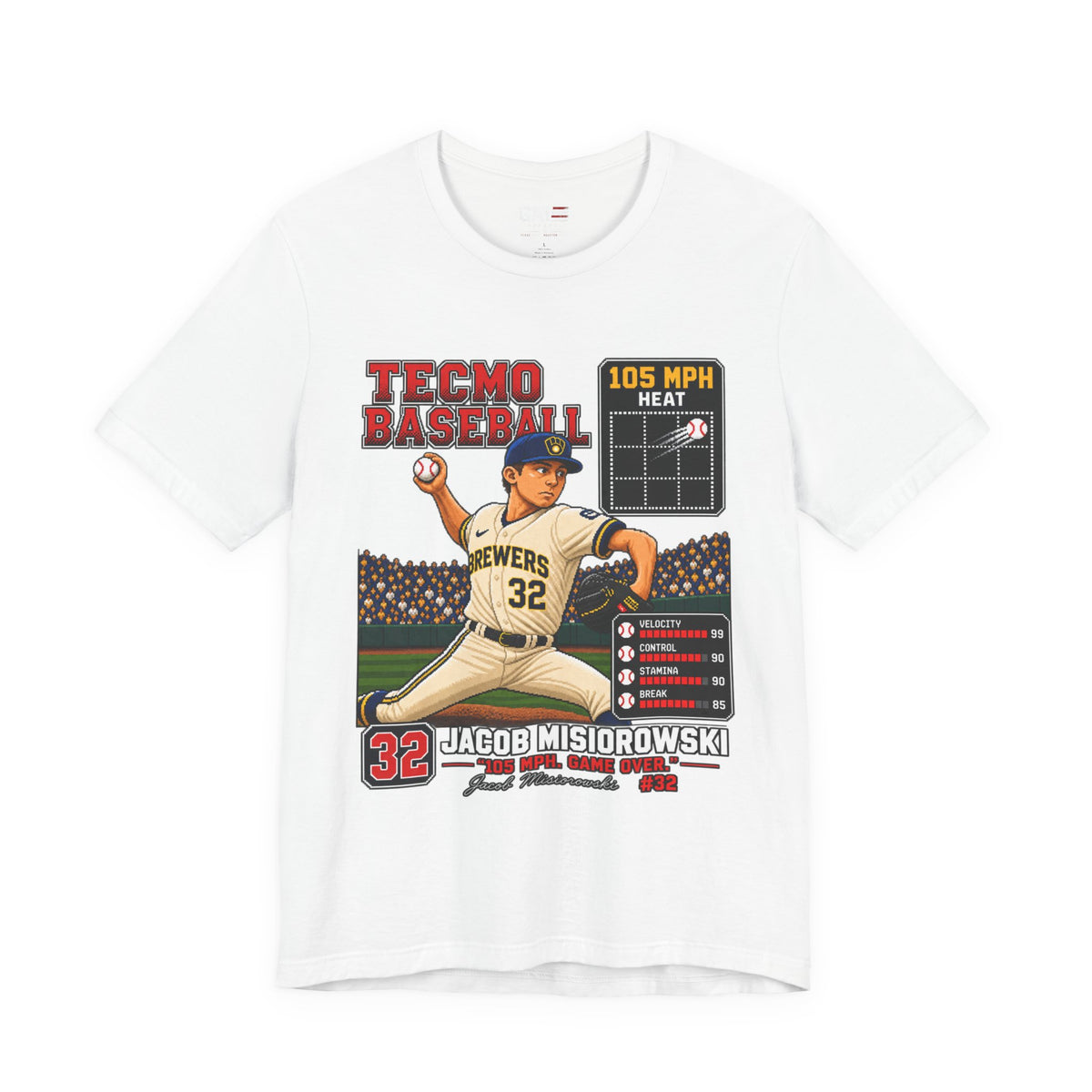 Milwaukee Brewers – Jacob Misiorowski – Tecmo Baseball Pitcher Graphic Tee — #32 Vintage Video Game Style