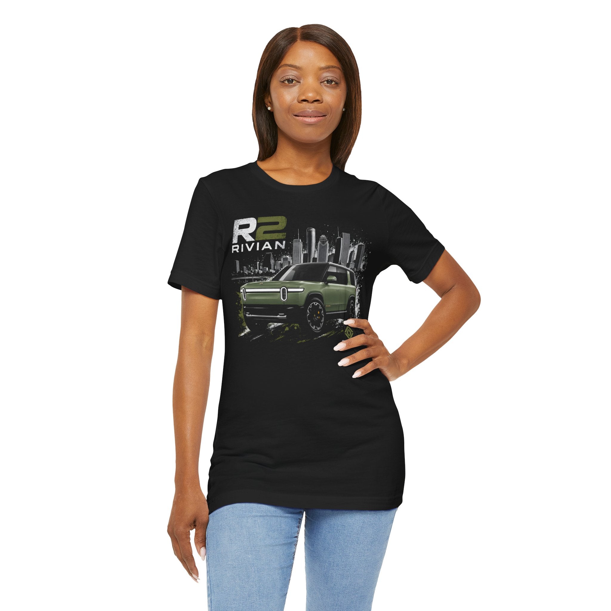 Rivian R2 Electric SUV Graphic Tee — Green R2 Cityscape T‑Shirt