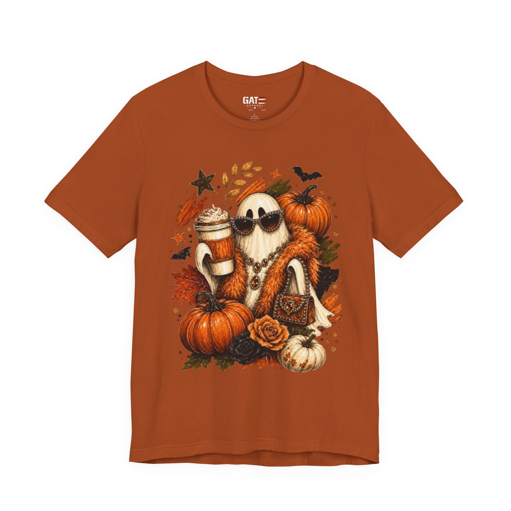 Halloween Pumpkin Ghost Tee — Cozy Fall Coffee & Pumpkins Graphic T-Shirt