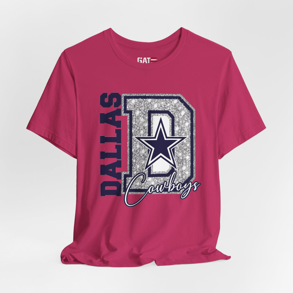 Dallas Football Glitter D Shirt, Blue and Silver Game Day Tee, Western Script Graphic Shirt, Sparkle Fan Apparel