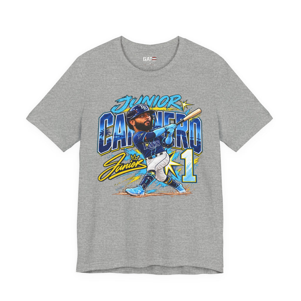 Junior Caminero Rays baseball graphic T-shirt, heather grey front view
