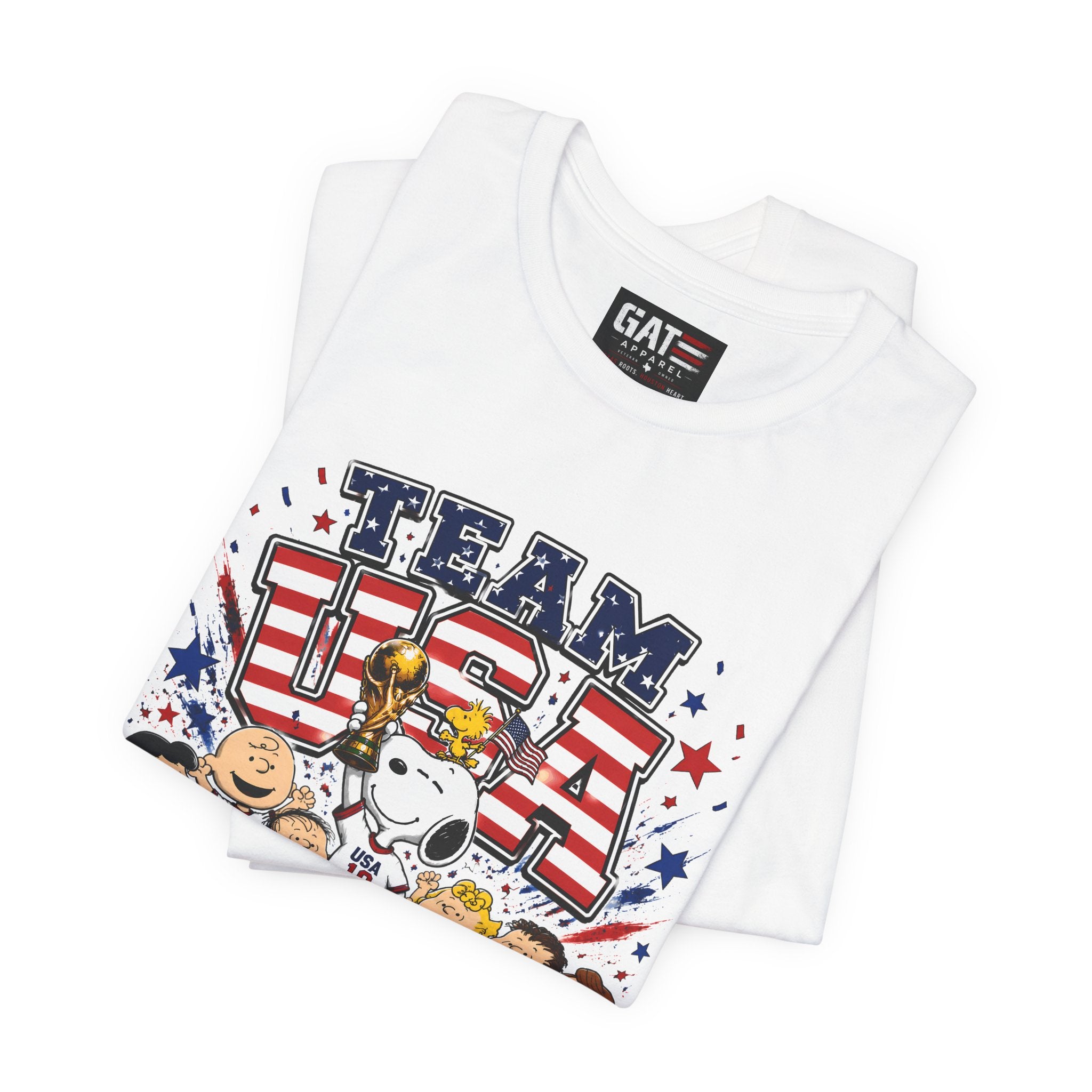 Team USA Soccer Peanuts Gang Shirt Patriotic Snoopy & Friends World Cup Celebration Tee