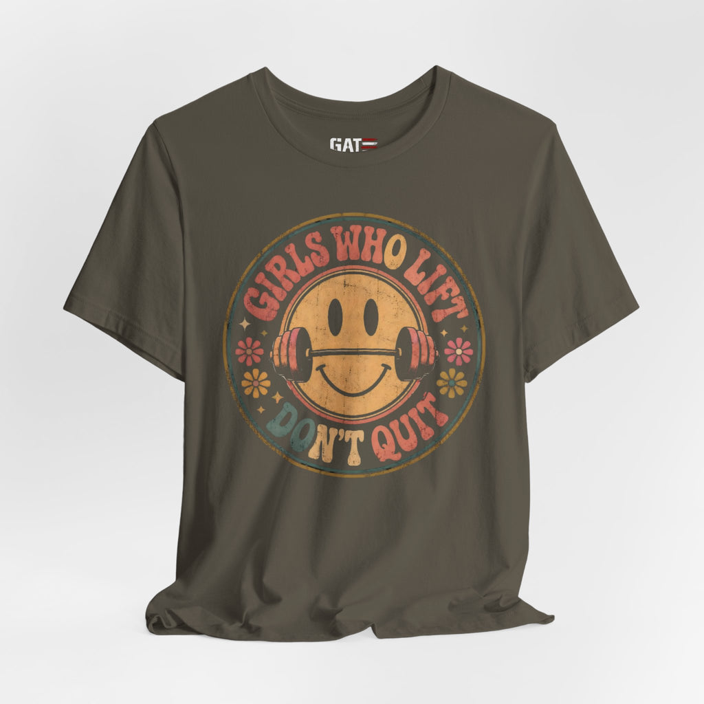 Girls Who Lift Don't Quit Shirt, Retro Smiley Face Gym Tee, Cute Fitness Shirt, Weightlifting Shirt, Workout Gift for Women