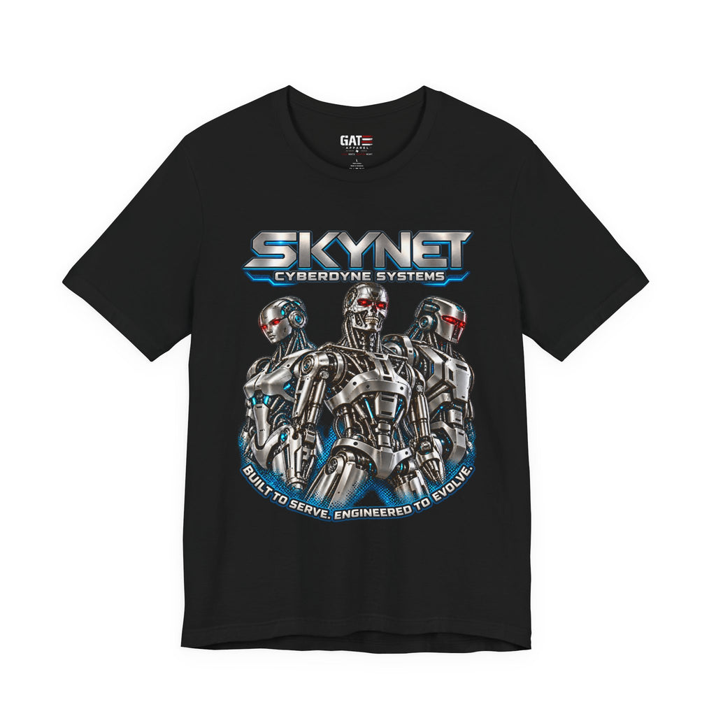 Skynet Cyberdyne Systems T-shirt featuring three futuristic robots