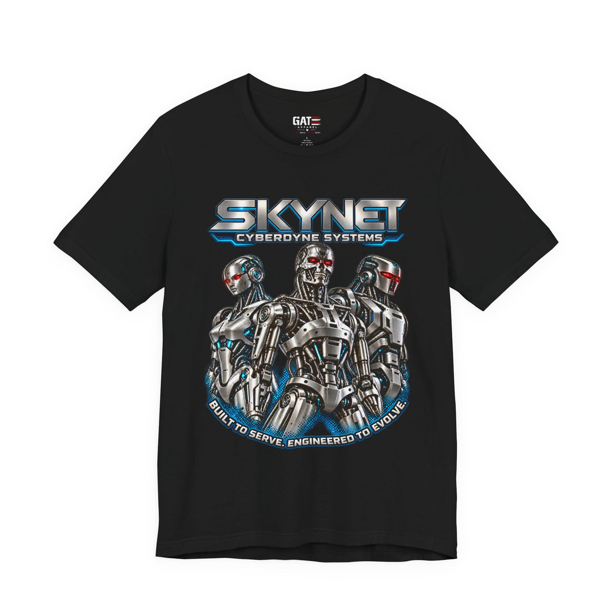 Skynet Cyberdyne Systems T-shirt featuring three futuristic robots