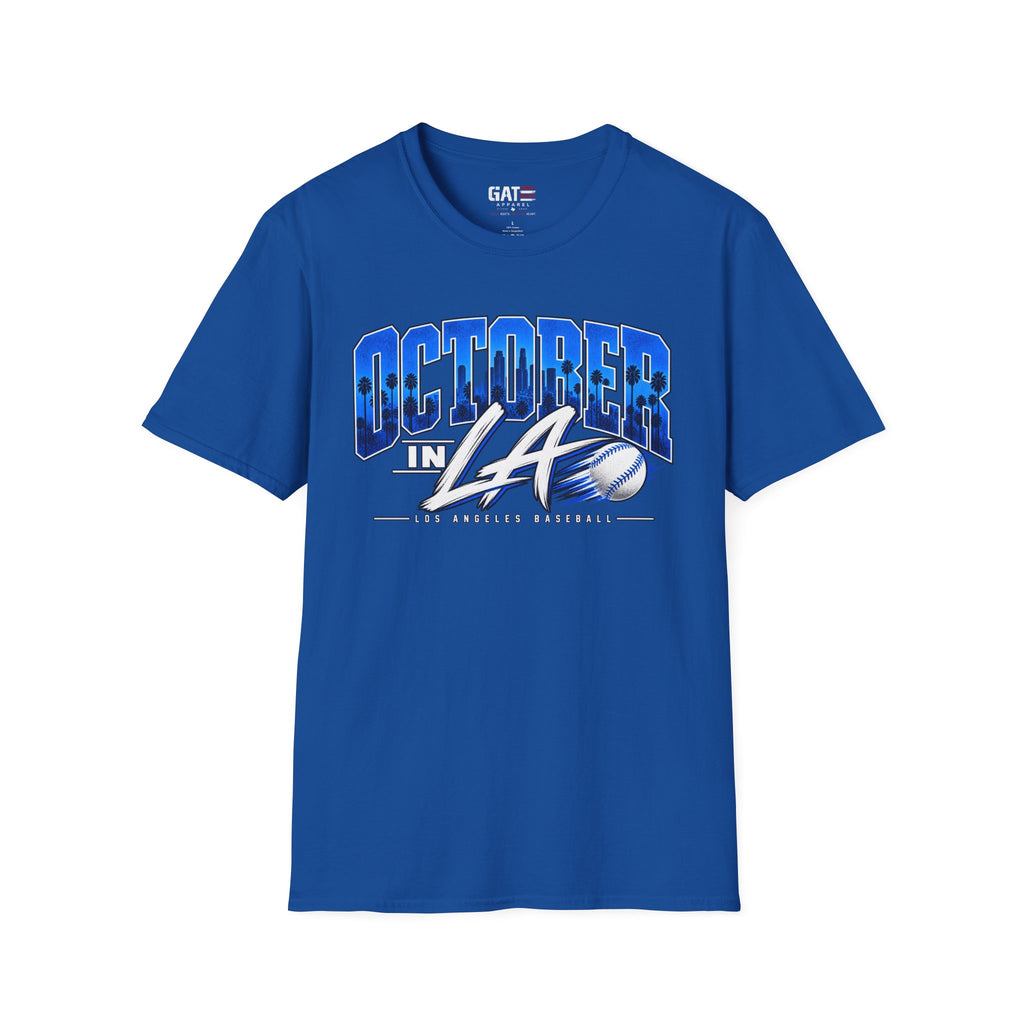 October in LA baseball graphic T-shirt, royal blue front view