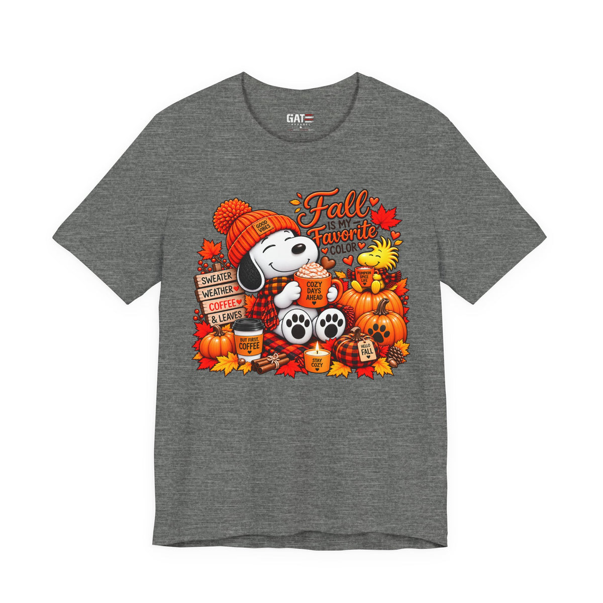 Snoopy Fall Is in the Air pumpkin graphic T-shirt, dark heather grey front view