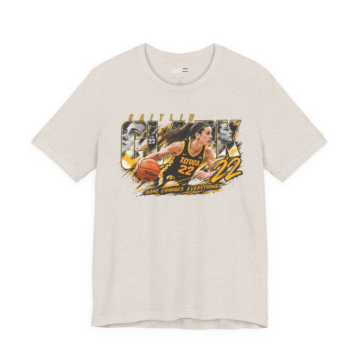 Caitlin Clark basketball player graphic T-shirt, light beige front view