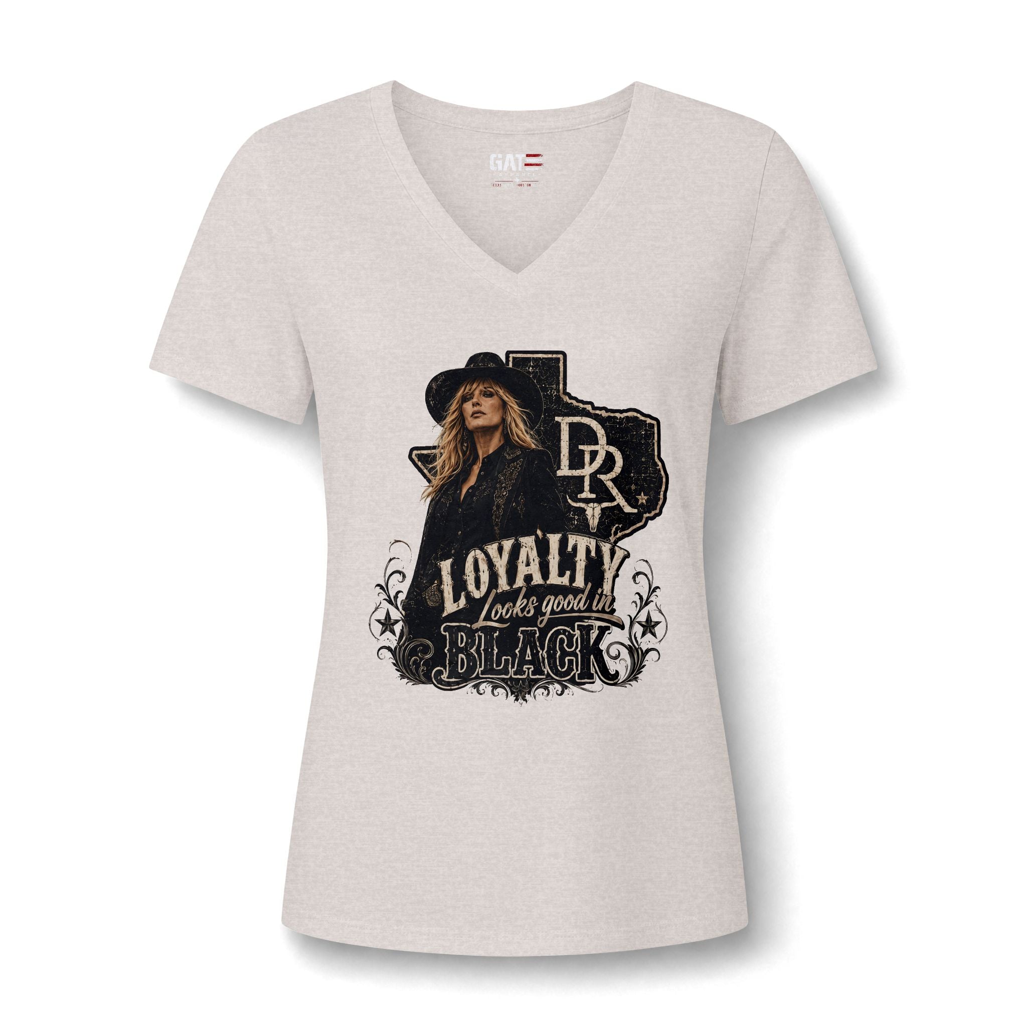 Women's V-Neck Tee — "Loyalty Looks Good in Black" Graphic