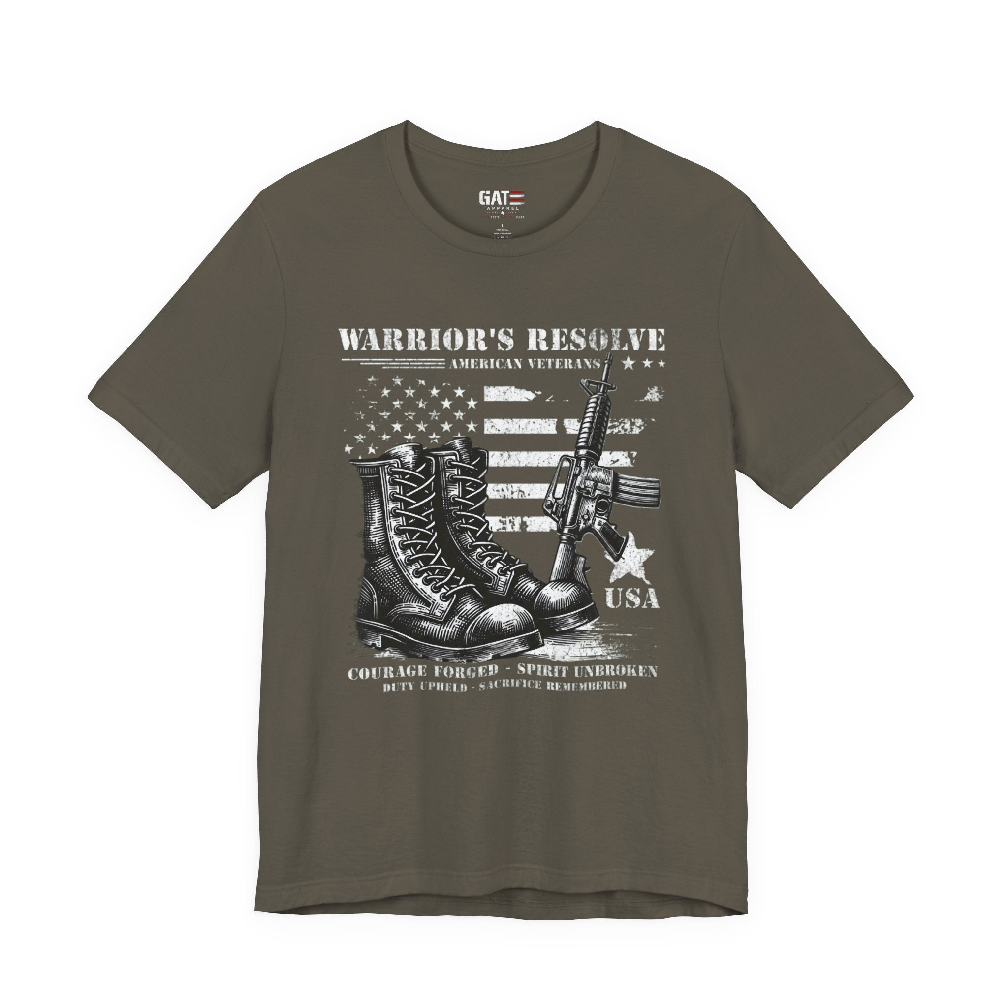 Warrior's Resolve Boots & Flag graphic Tee | Veteran USA Military Shirt