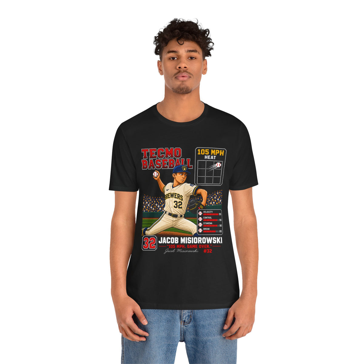 Tecmo Baseball Pitcher Graphic Tee — Jacob Misiorowski #32 Vintage Video Game Style