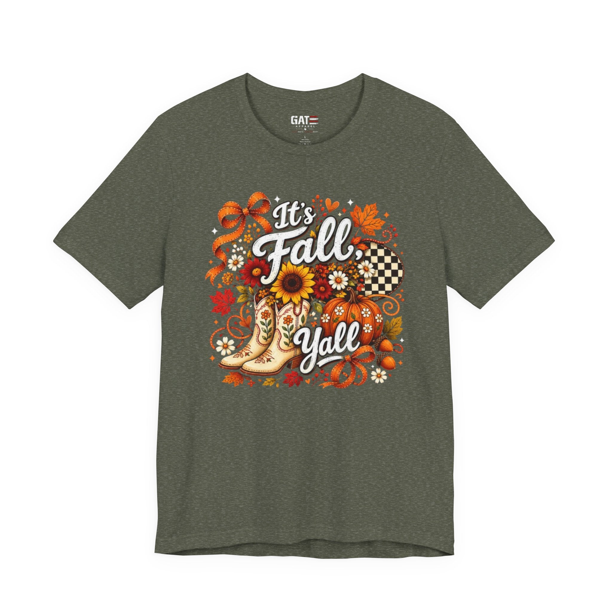 Fall Y'all Tee — Autumn Boots, Sunflowers & Plaid Graphic T-Shirt