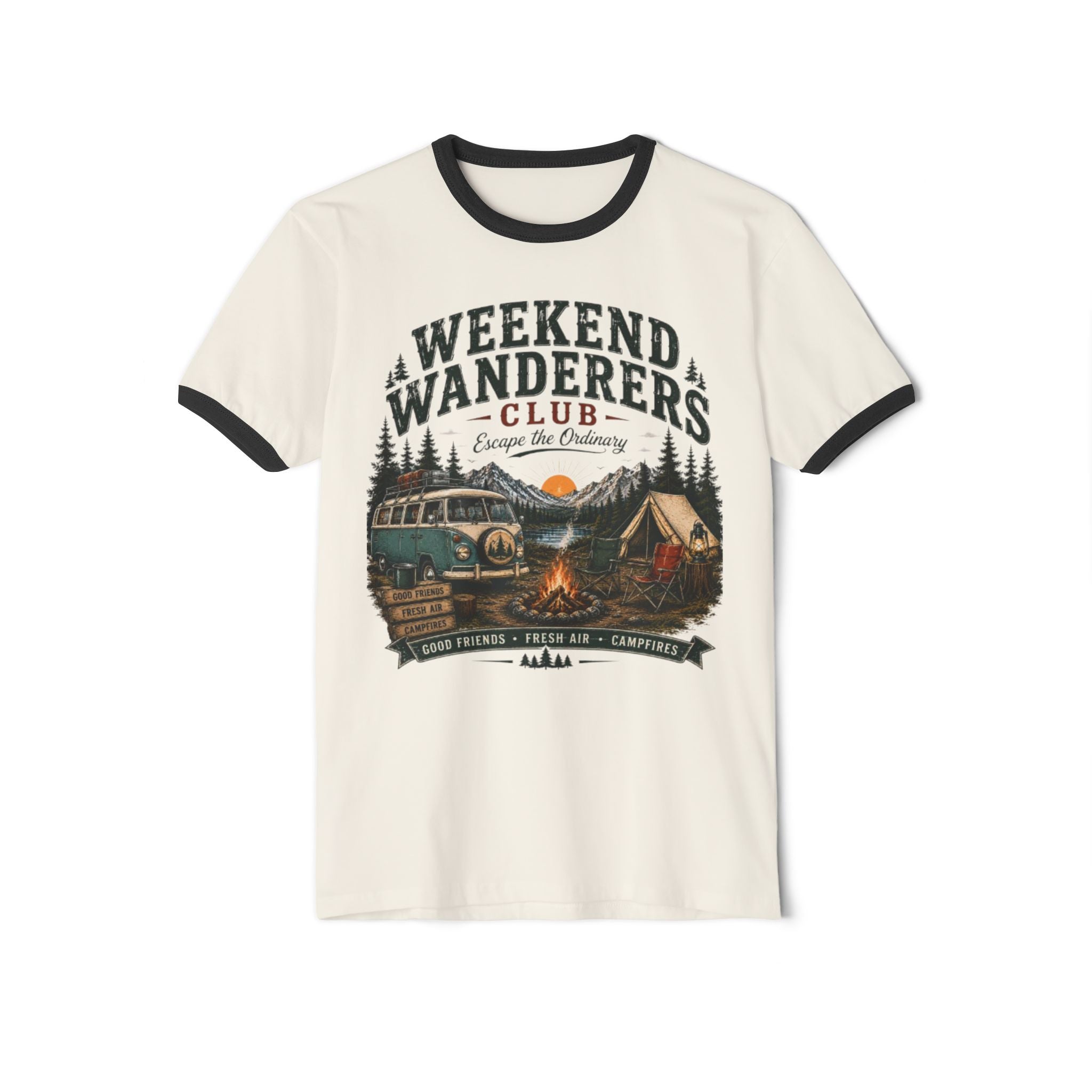 Weekend Wanderers Club Ringer Tee – Vintage Camping Van & Campfire T-Shirt