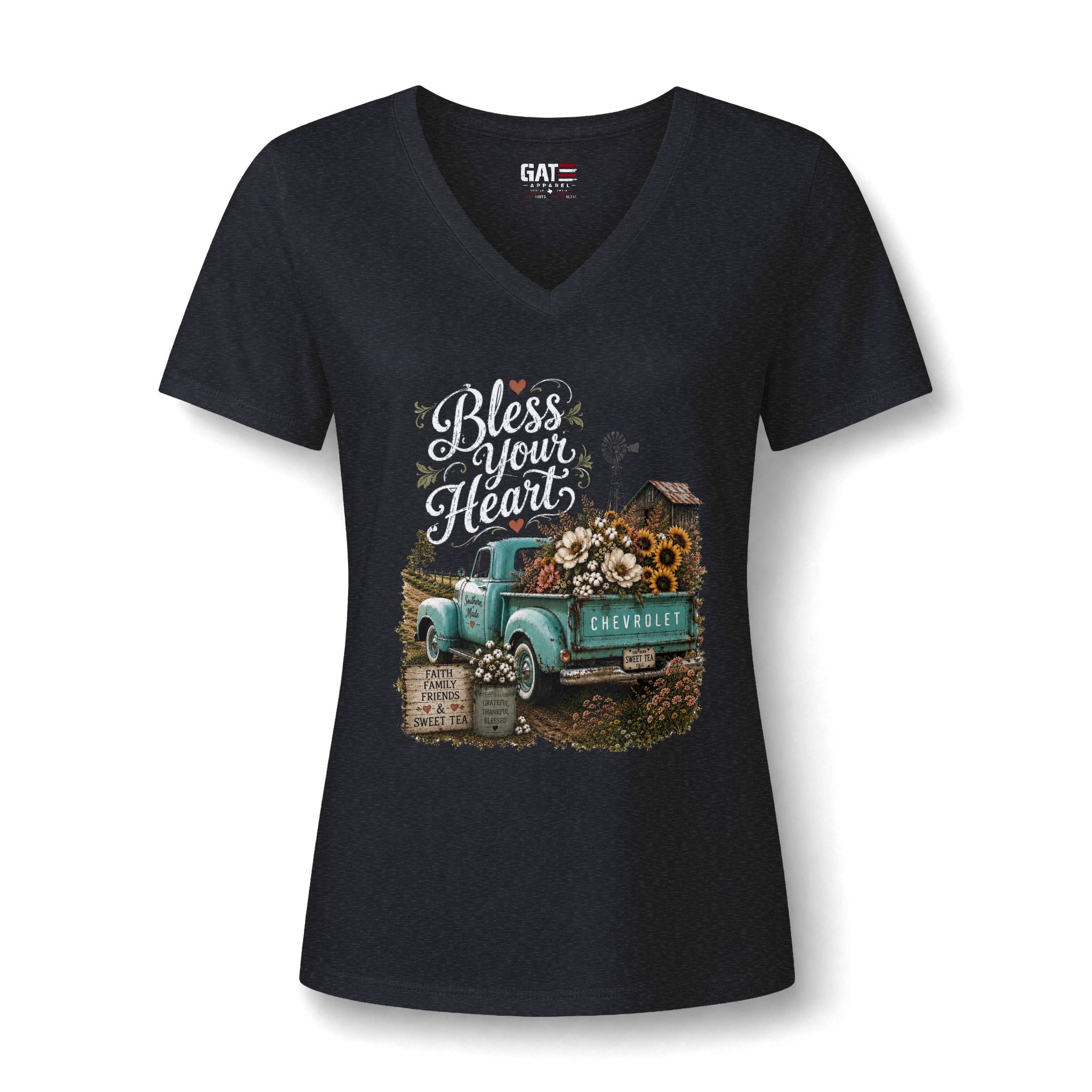 Vintage Blue Truck Sunflower V-Neck Tee — Farmhouse Floral Women's Shirt