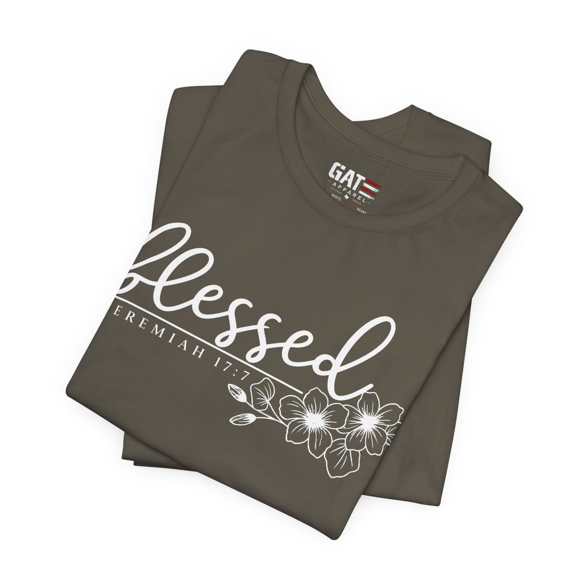 Blessed Floral Tee — 'Blessed' Script T-Shirt with Jeremiah 17:7 Bible Verse
