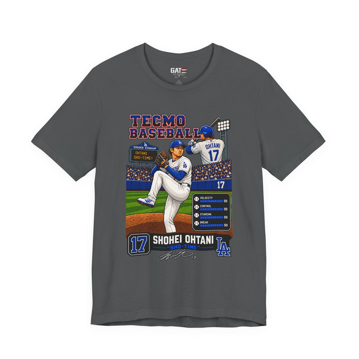 Shohei Ohtani Los Angeles Dodgers Retro Baseball Card Graphic Tee — 'Tecmo Baseball' Design