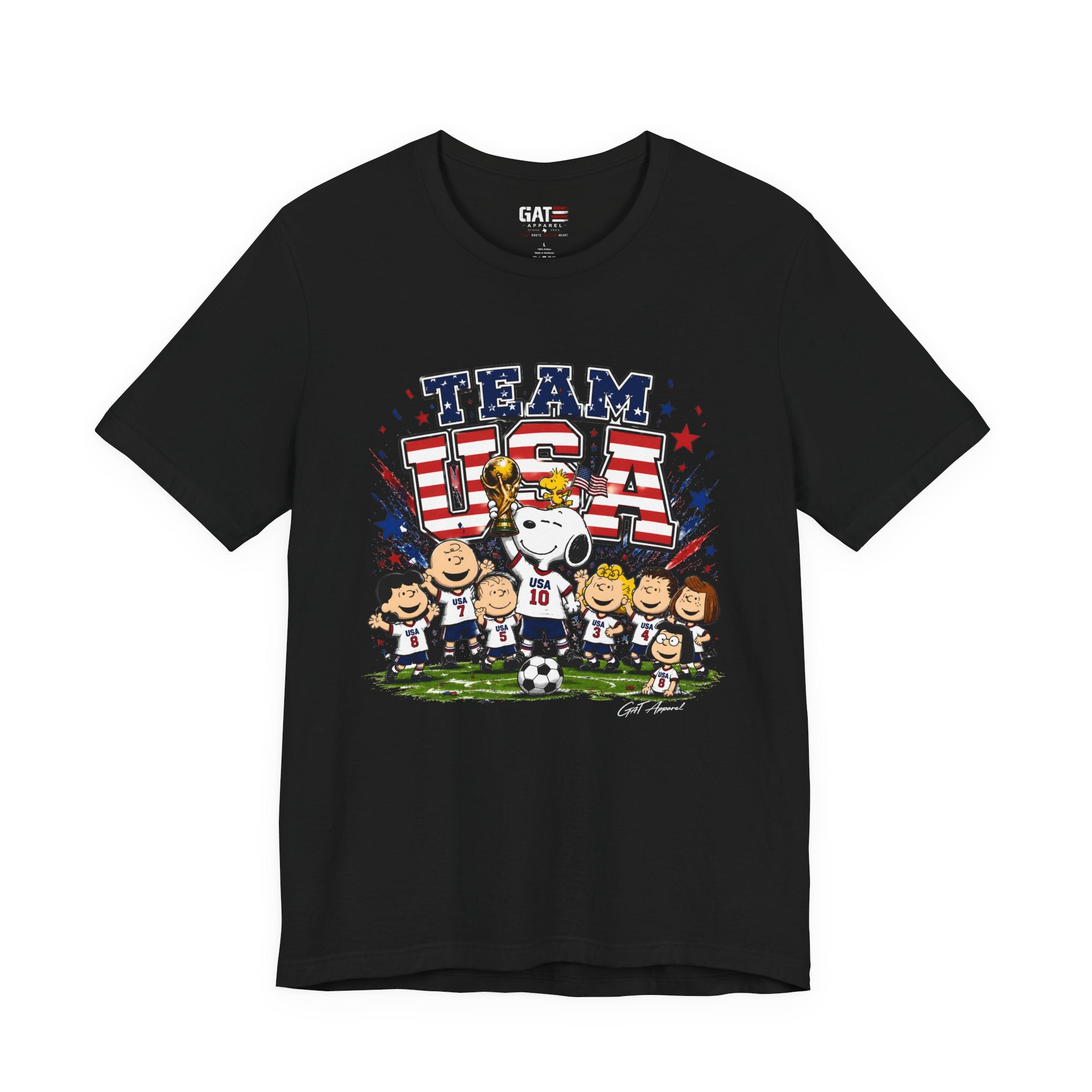 Team USA Soccer Peanuts Gang Shirt Patriotic Snoopy & Friends World Cup Celebration Tee