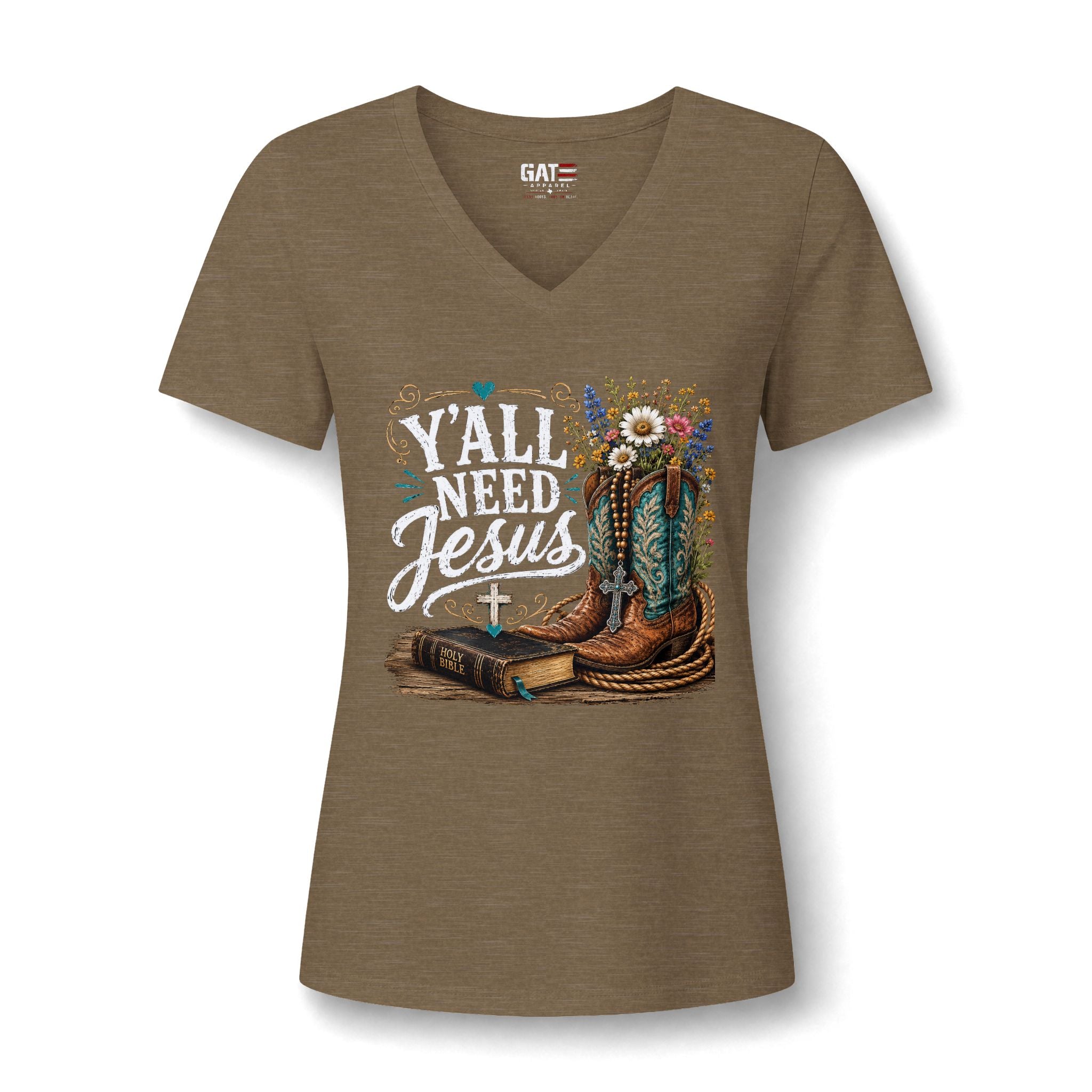 Y'all Need Jesus V-Neck Tee — Floral Cowboy Boots Christian Women's T‑Shirt