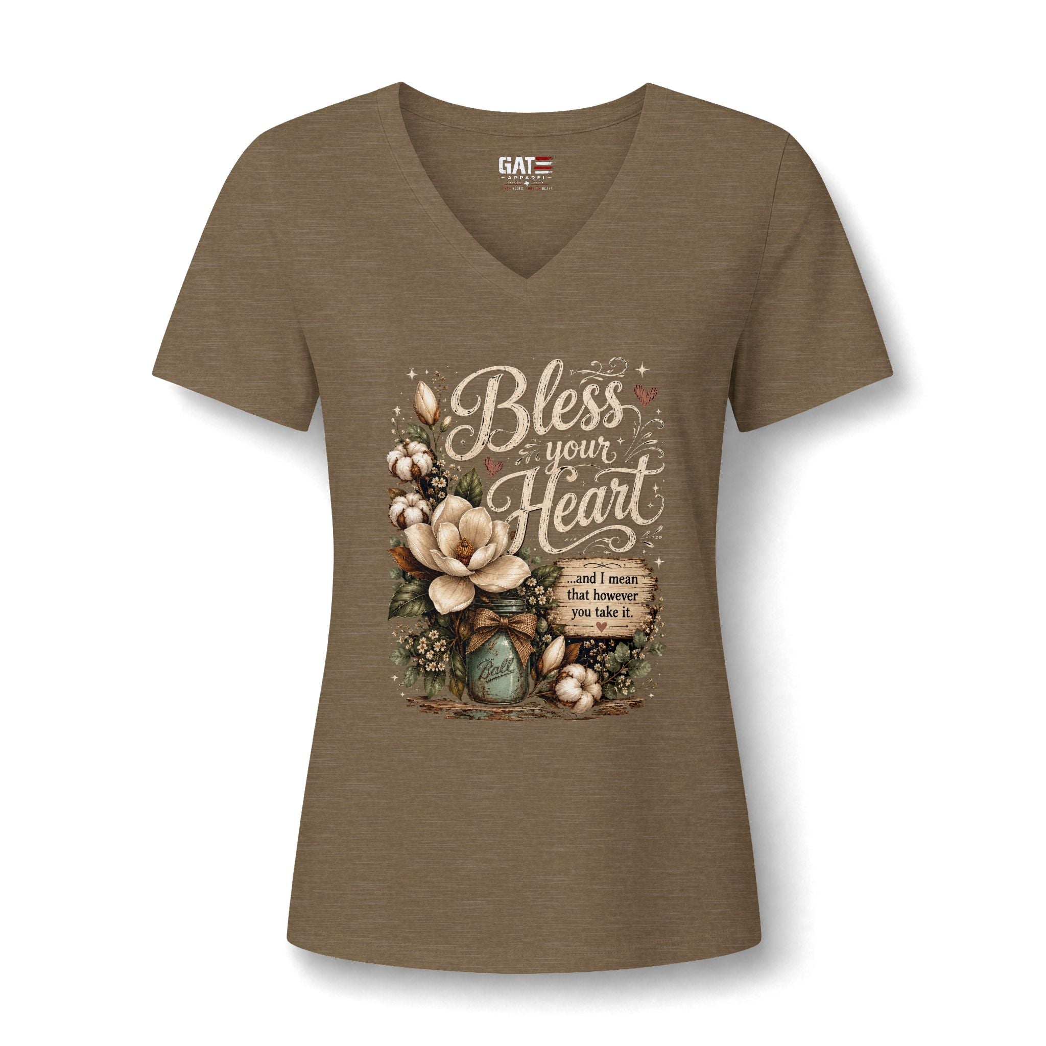 Bless Your Heart V-Neck Tee — Floral Southern Faith Graphic
