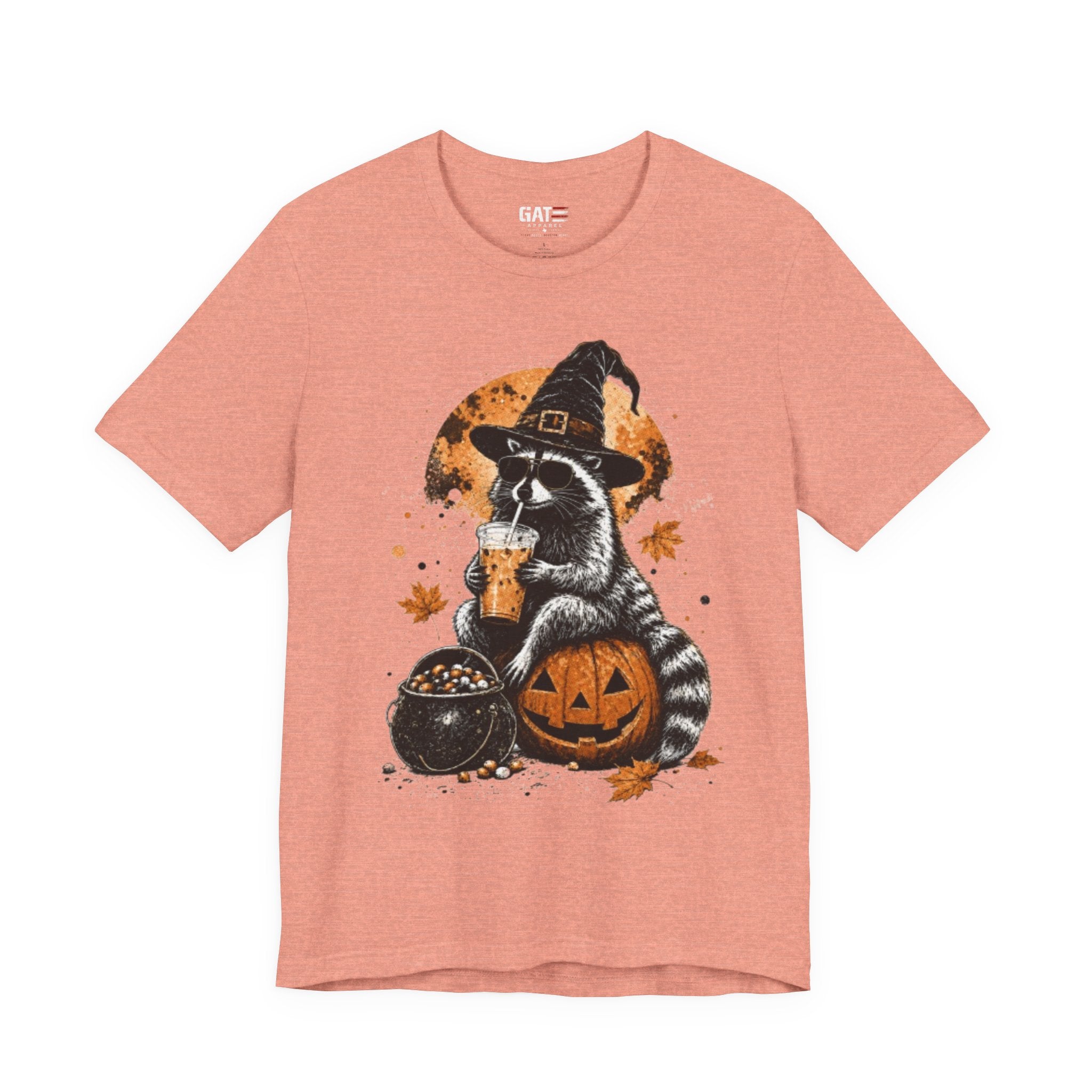 Halloween Raccoon Witch T-Shirt — Pumpkin & Cauldron Spooky Tee