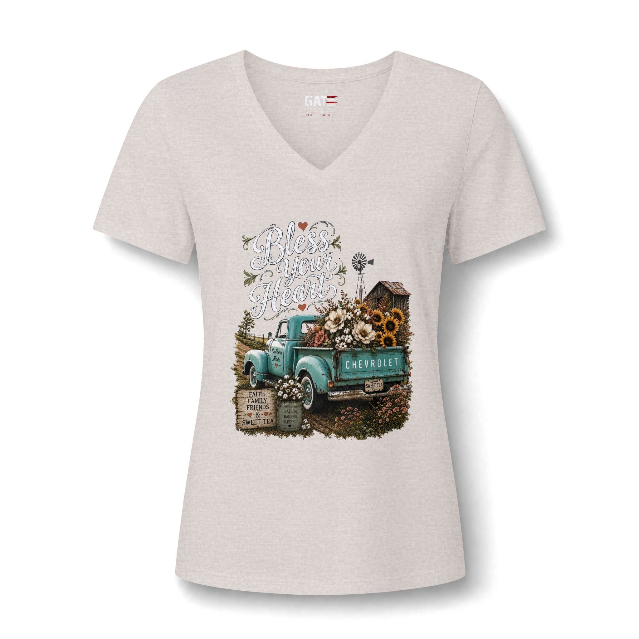 Vintage Blue Truck Sunflower V-Neck Tee — Farmhouse Floral Women's Shirt