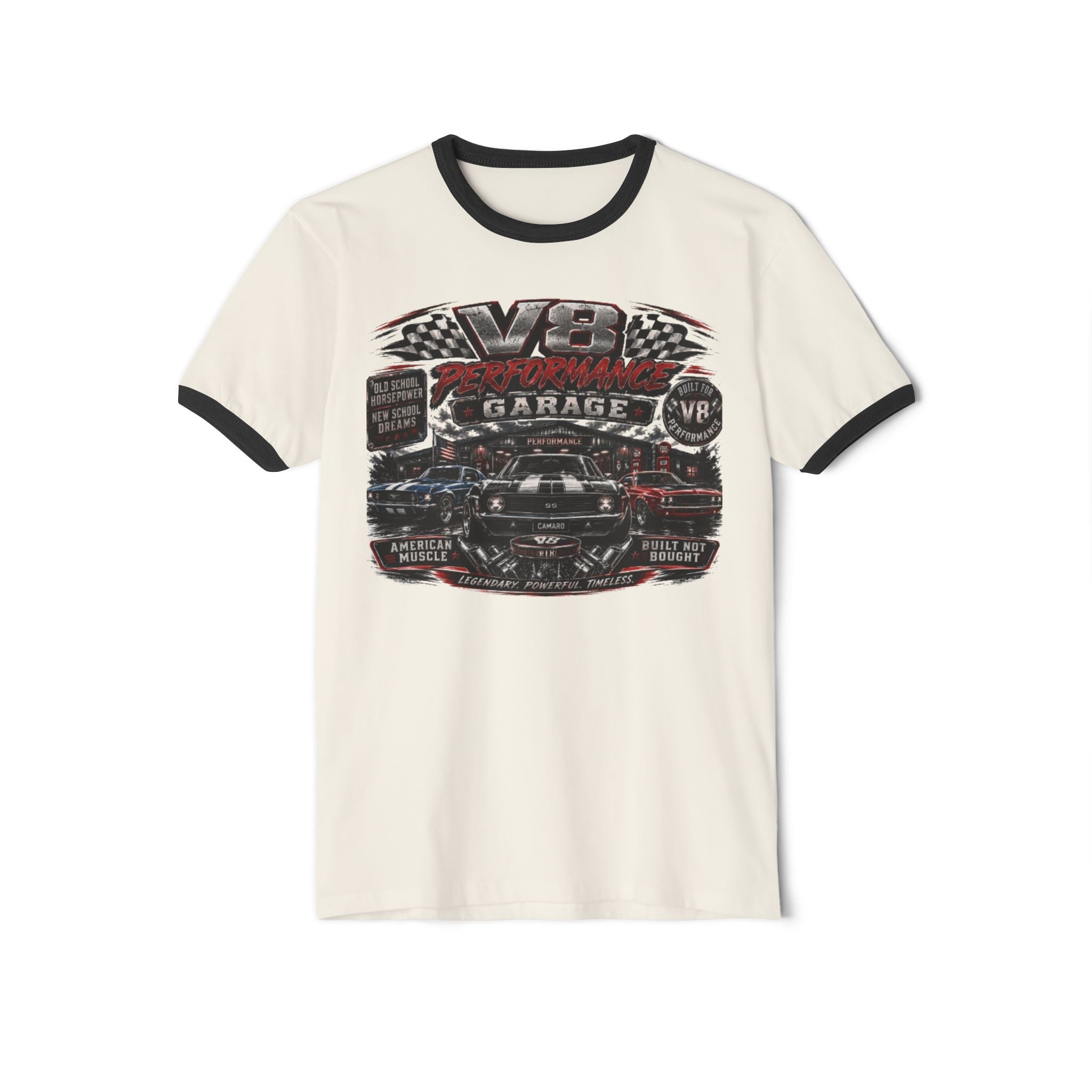 Vintage V8 Garage Ringer Tee – Classic Car Mechanic Shirt