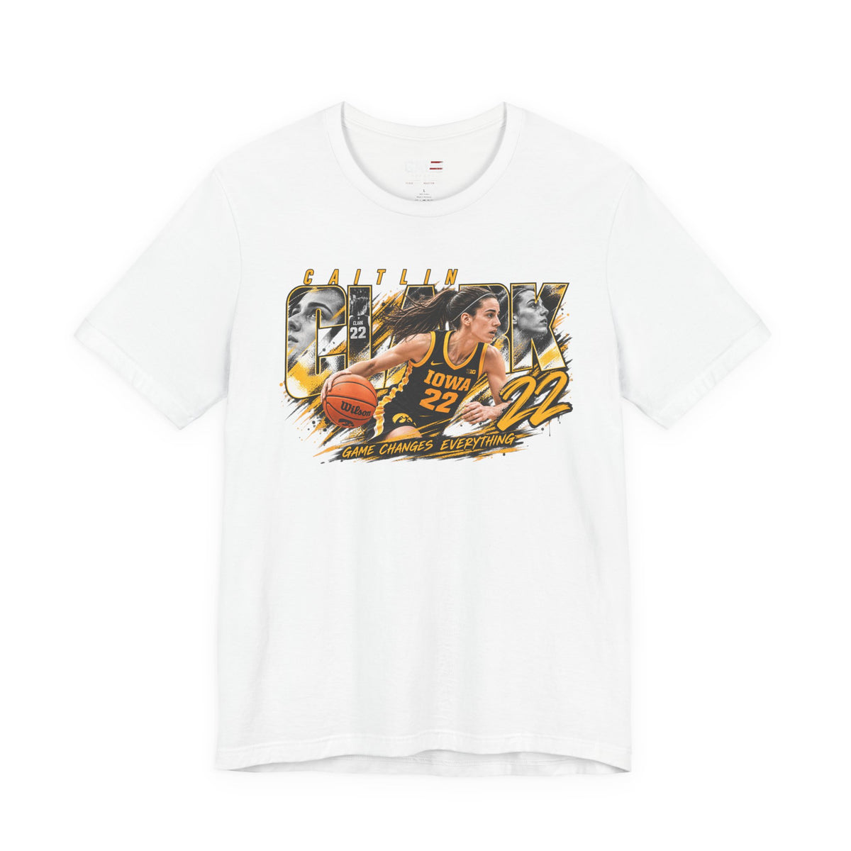 Caitlin Clark basketball player graphic T-shirt, white front view