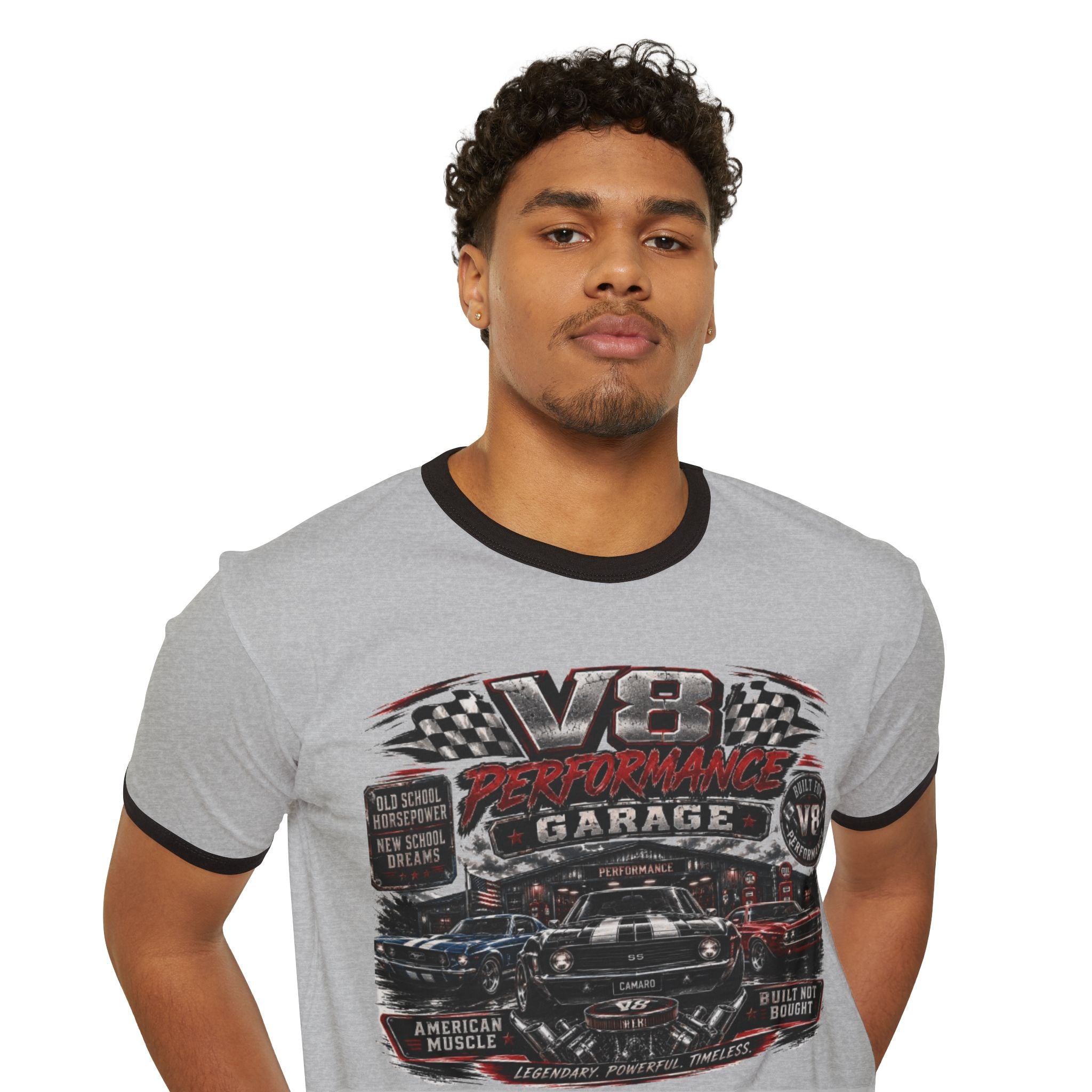 Vintage V8 Garage Ringer Tee – Classic Car Mechanic Shirt