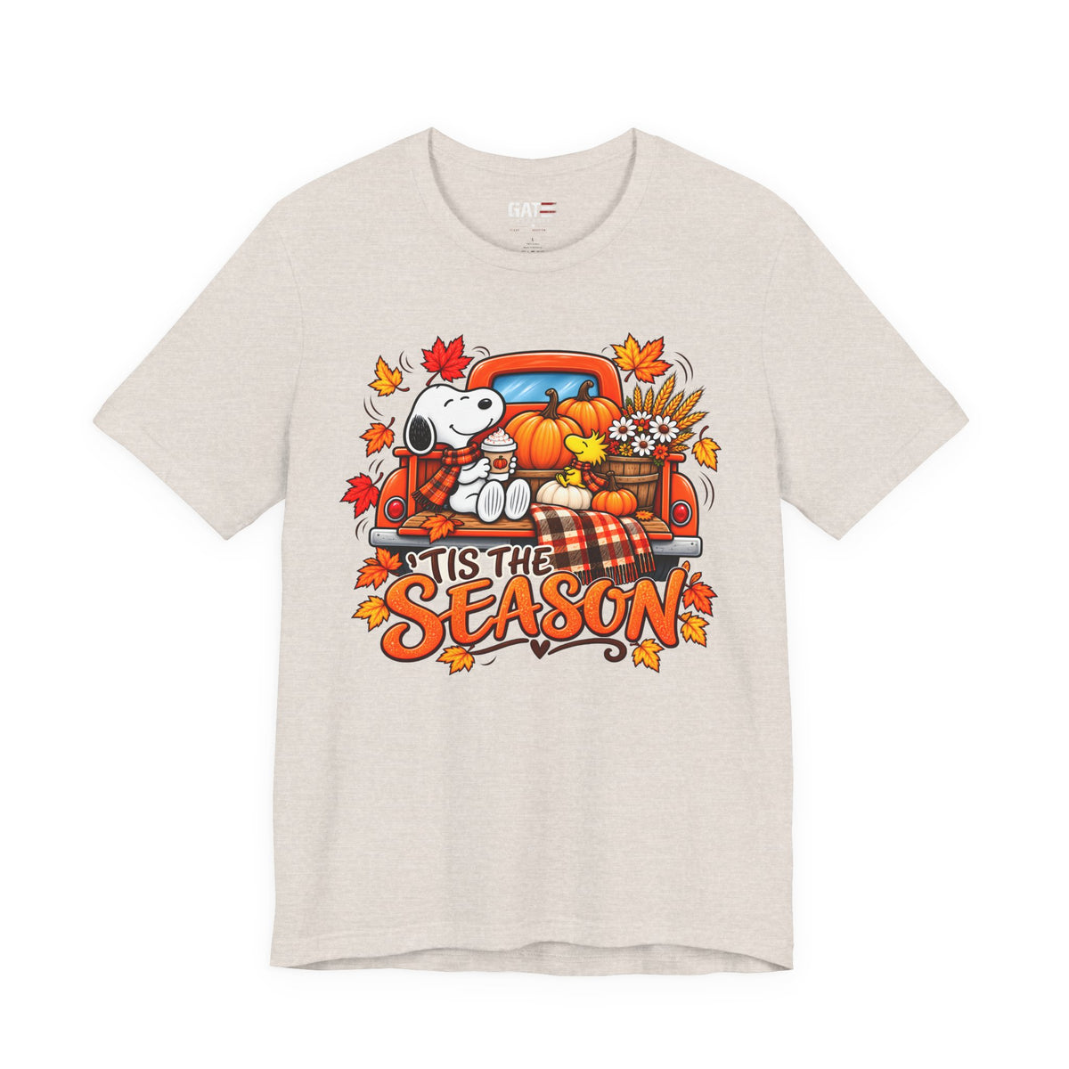 Snoopy pumpkin truck Tis the Season fall graphic T-shirt, light beige front view