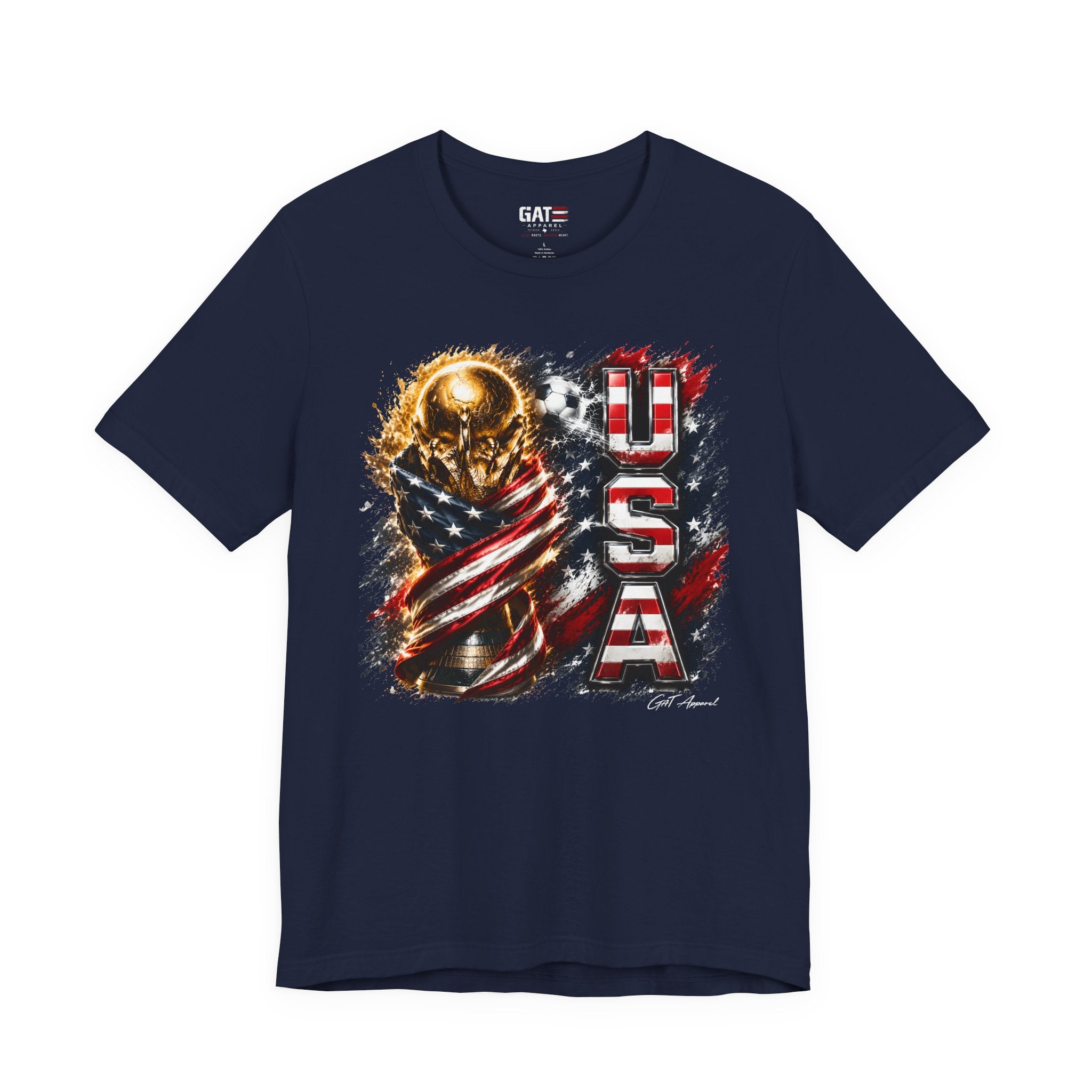 Team USA World Cup Patriotic World Cup Trophy Tee with American Flag & Bold USA Design