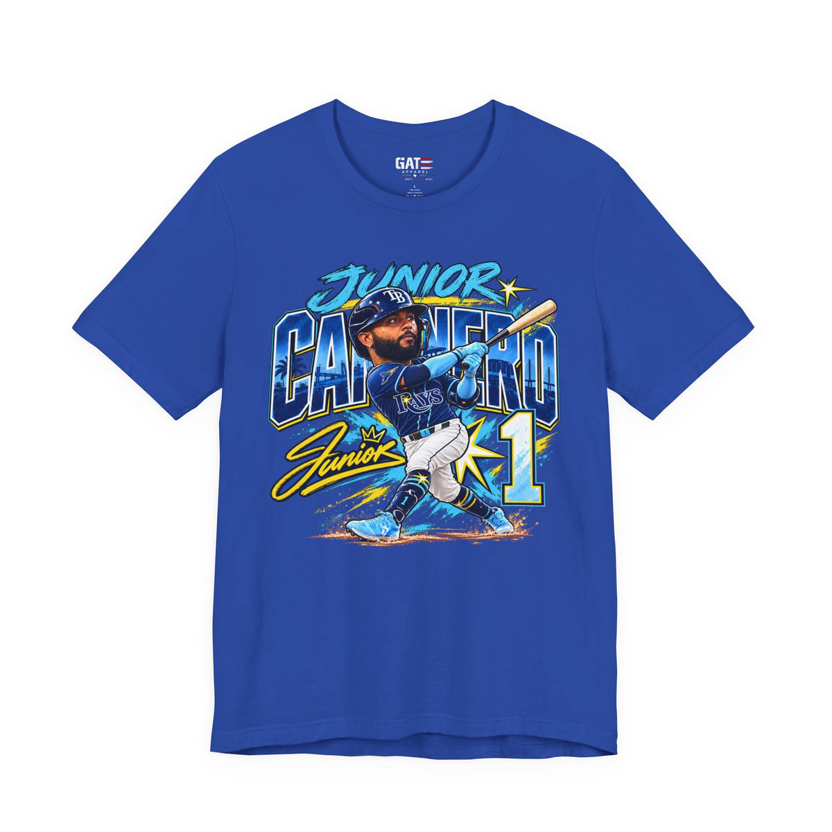 Junior Caminero Rays baseball graphic T-shirt, royal blue front view