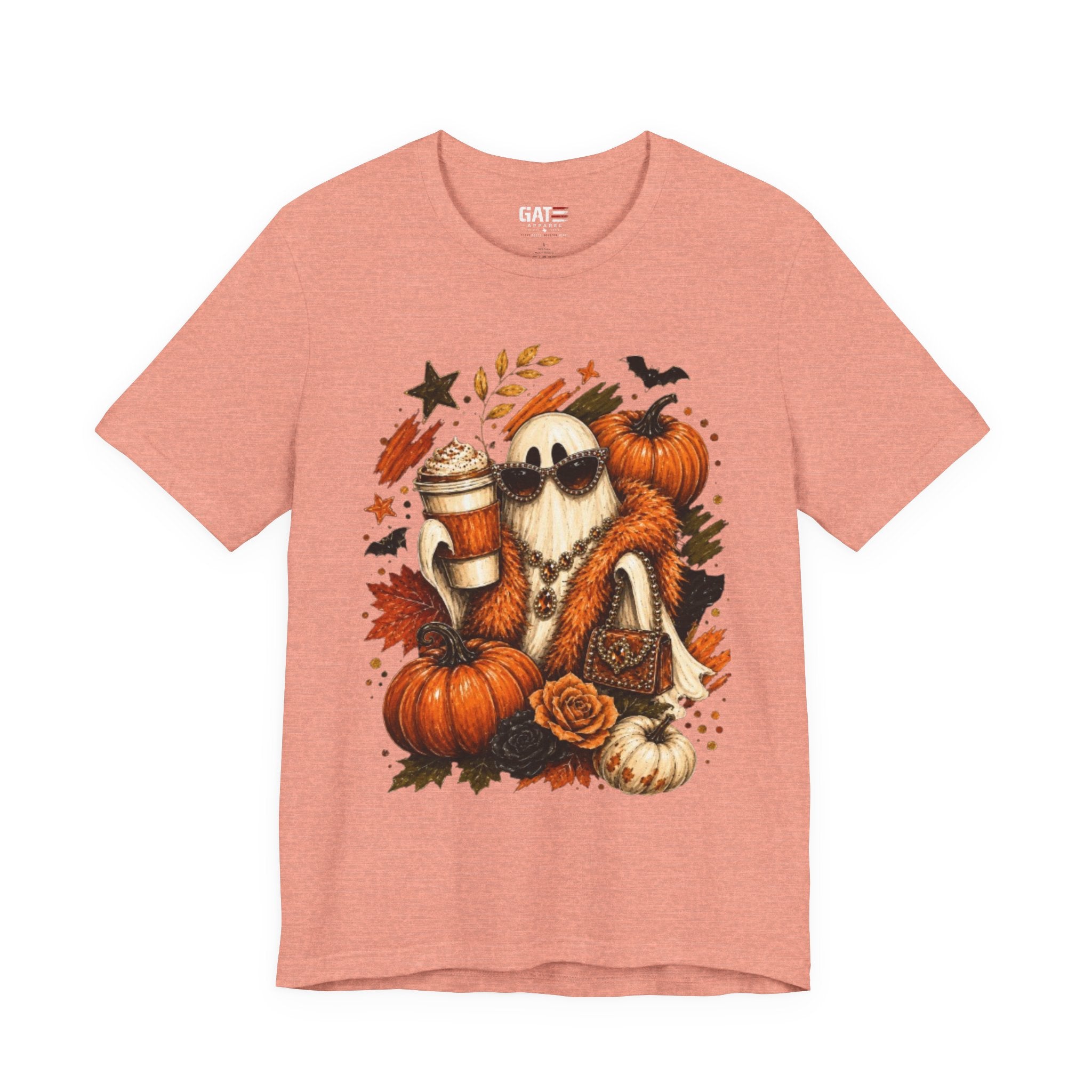 Halloween Pumpkin Ghost Tee — Cozy Fall Coffee & Pumpkins Graphic T-Shirt