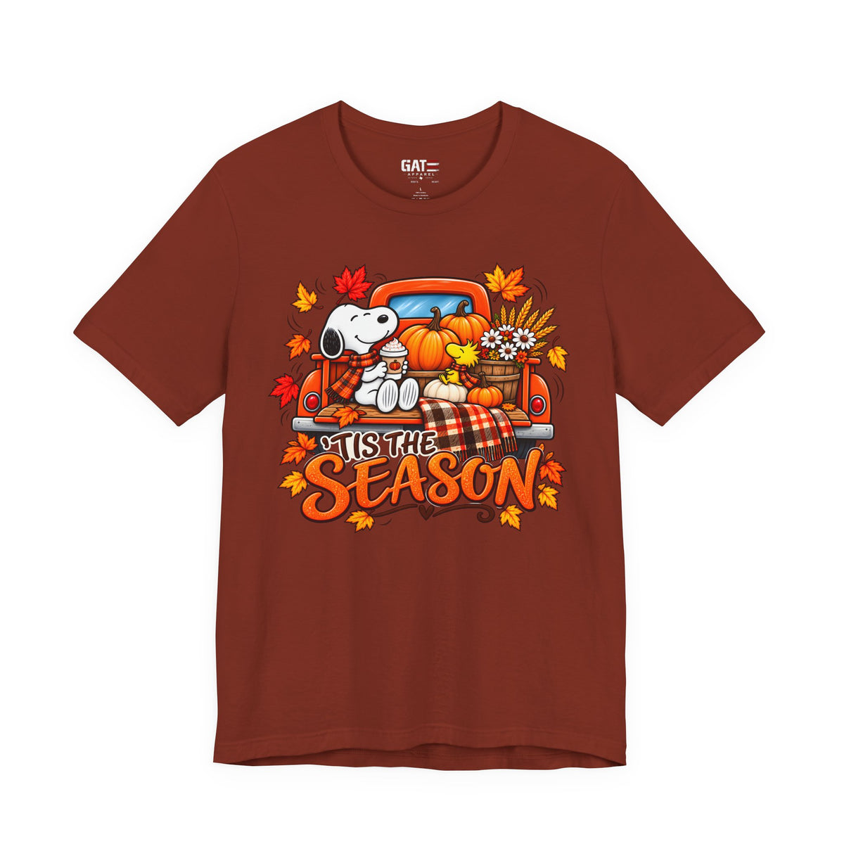 Snoopy pumpkin truck Tis the Season fall graphic T-shirt, rust red front view