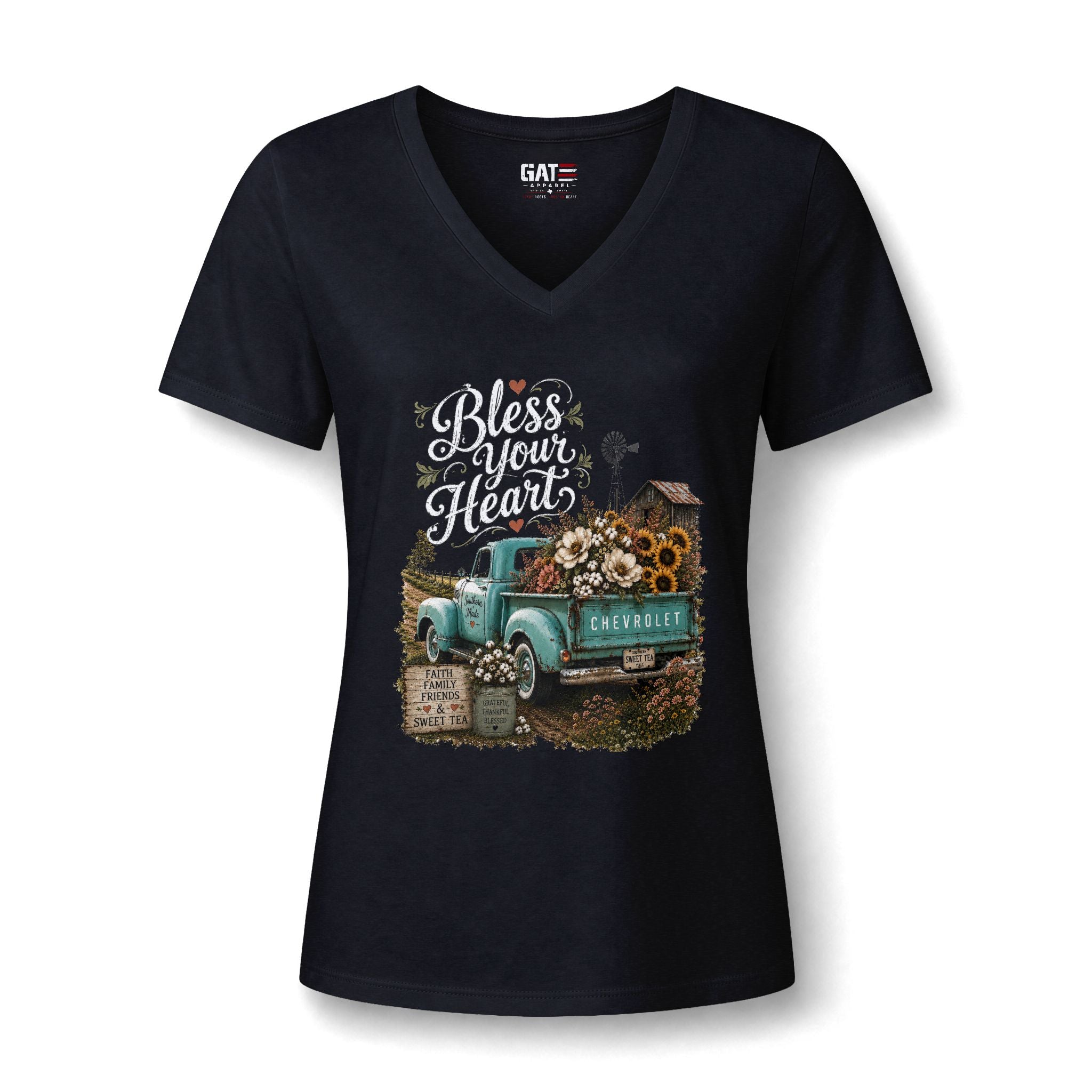 Vintage Blue Truck Sunflower V-Neck Tee — Farmhouse Floral Women's Shirt