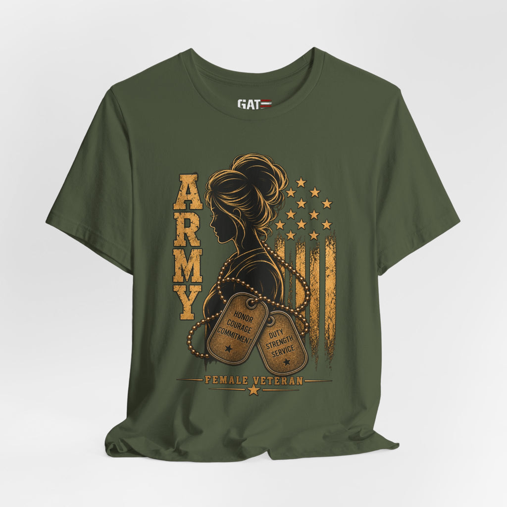Female Army Vet Tee – Proud Military Mom Shirt with Dog Tags & American Flag